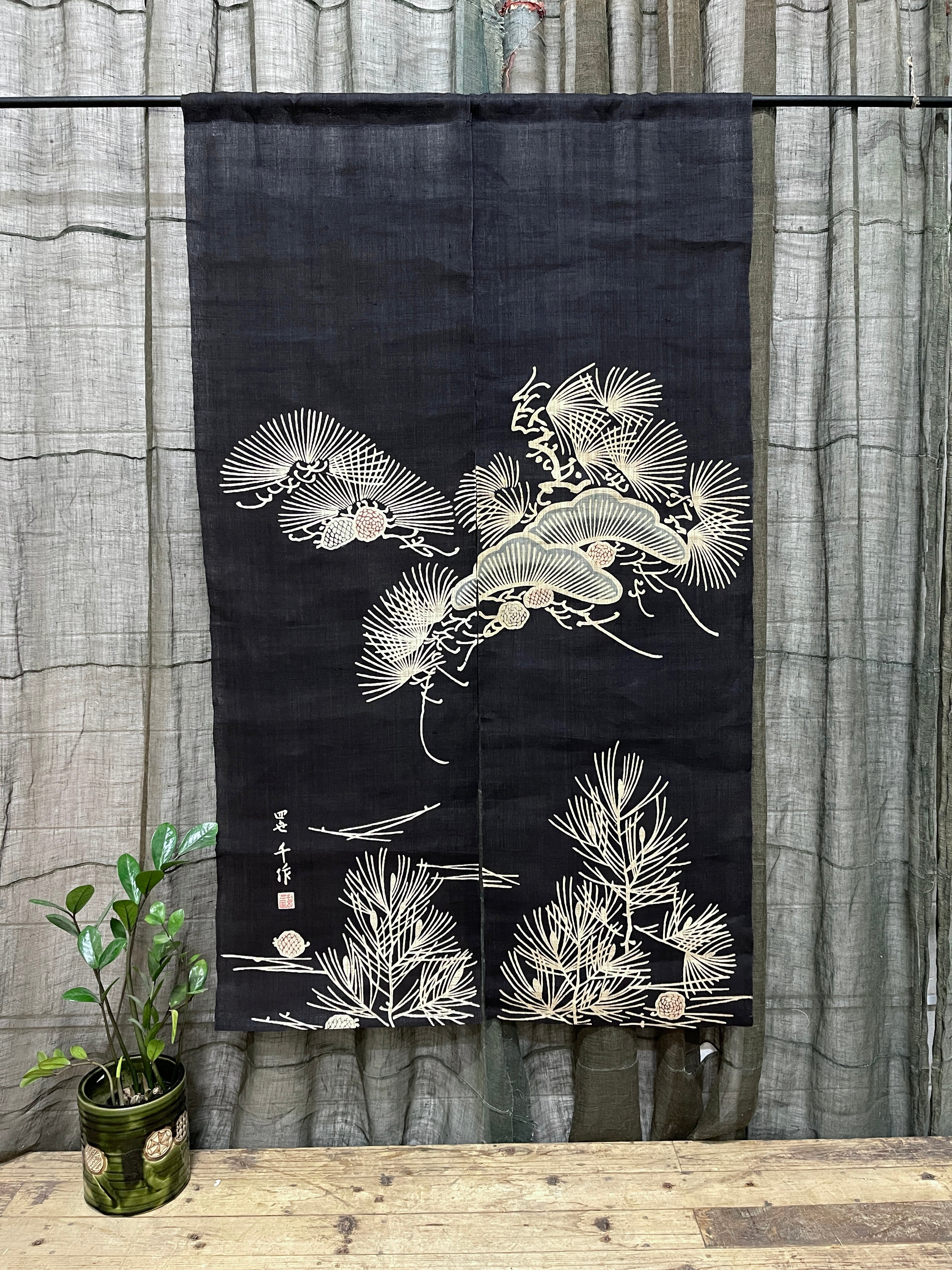 Vintage Japanese Hemp Noren, Panelled Curtain