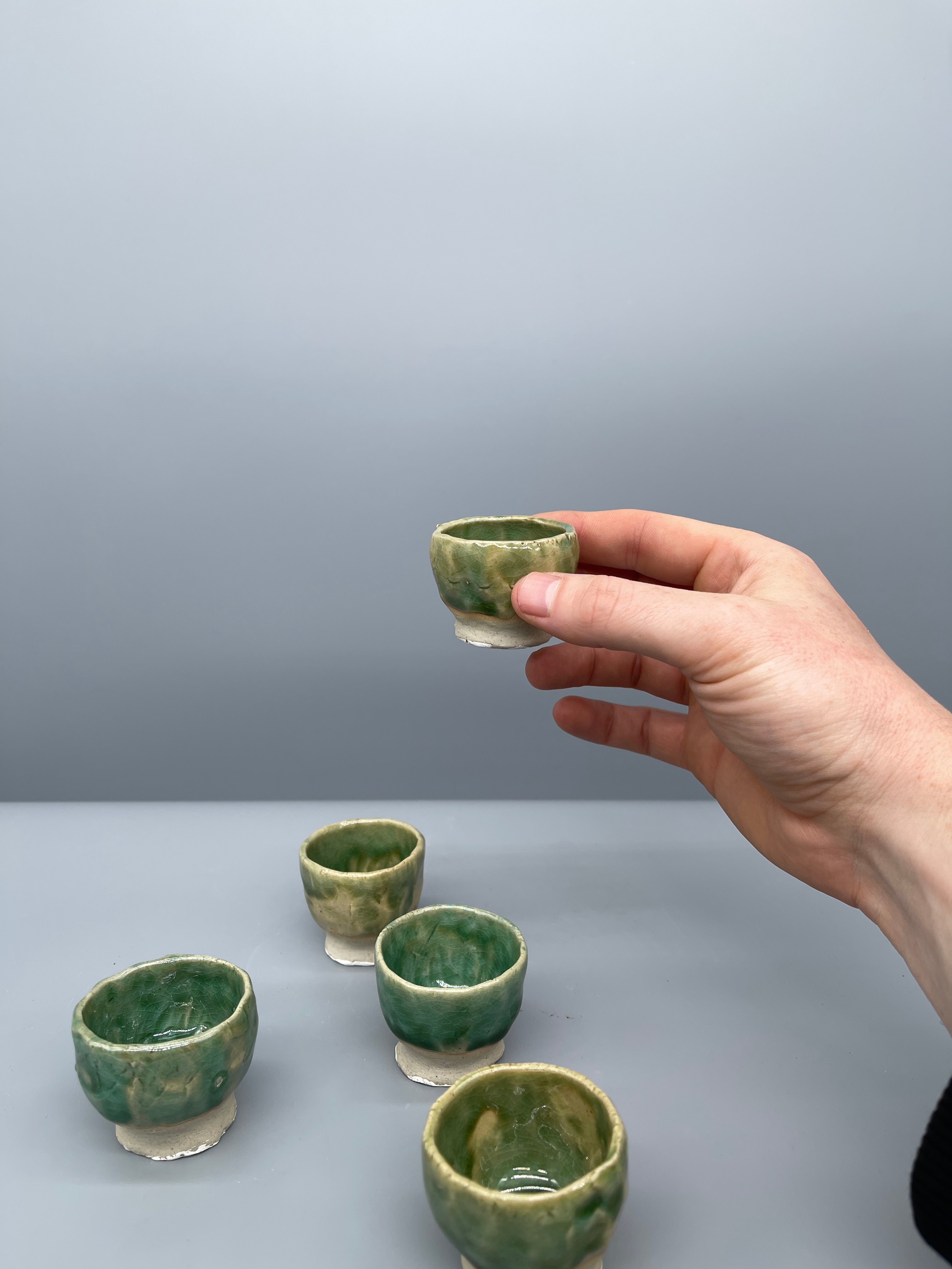 Vintage Set of Five Sake Cups, Glossy Green Glaze