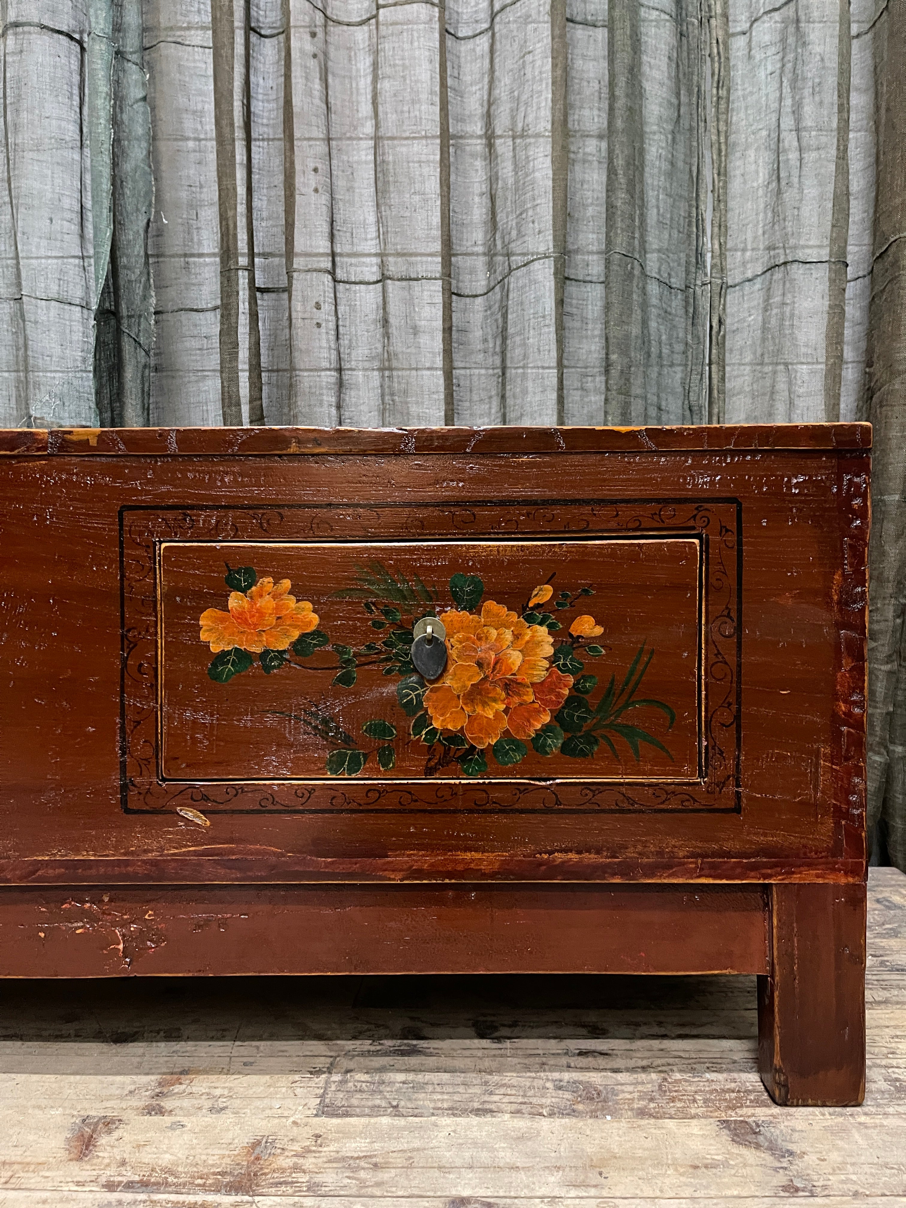 Antique Chinese Low Cabinet, 3 Drawer, Floral Panels