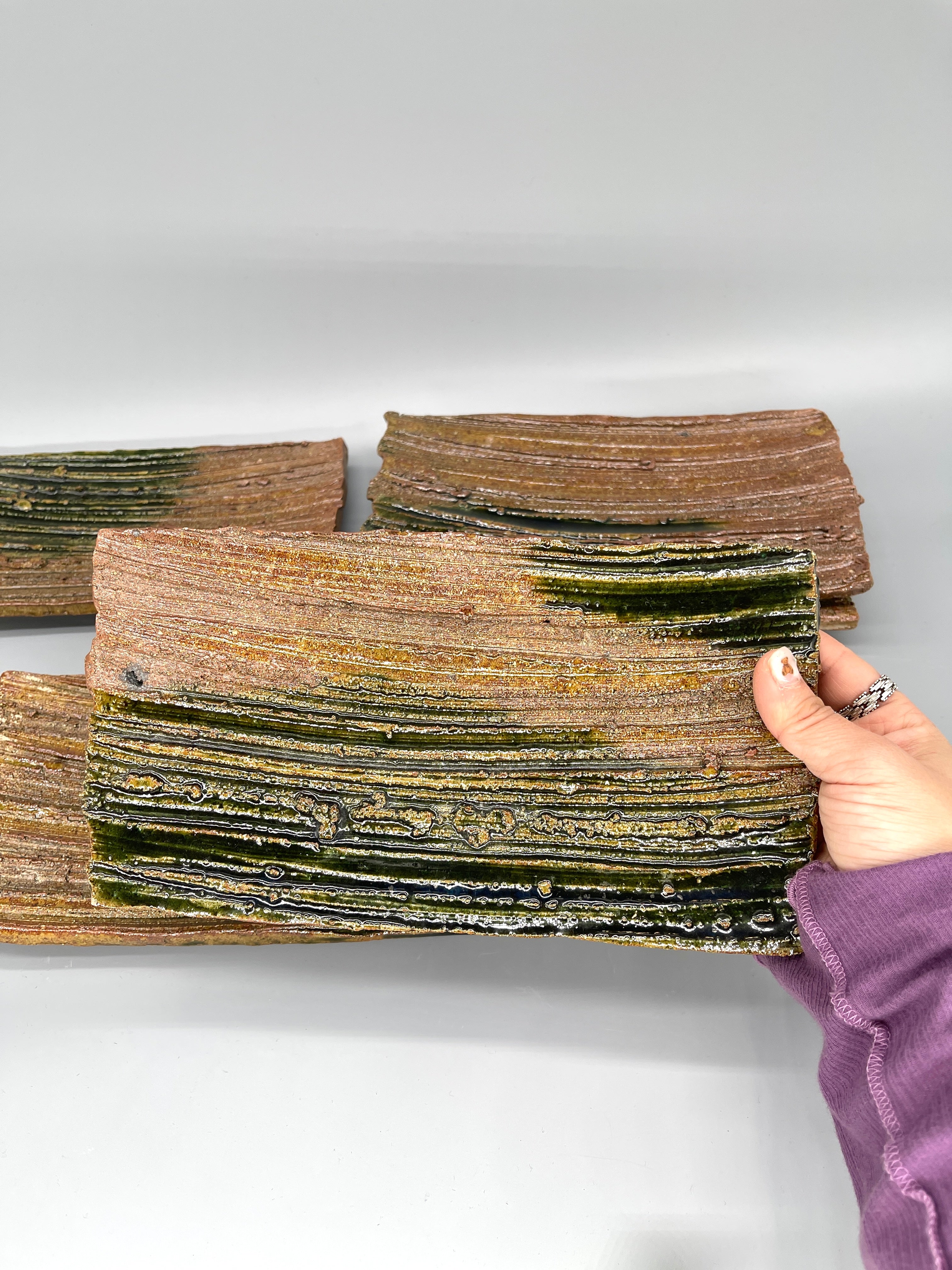 Set Of 5 Japanese Rectangular Serving Plate, Deep Green Glaze