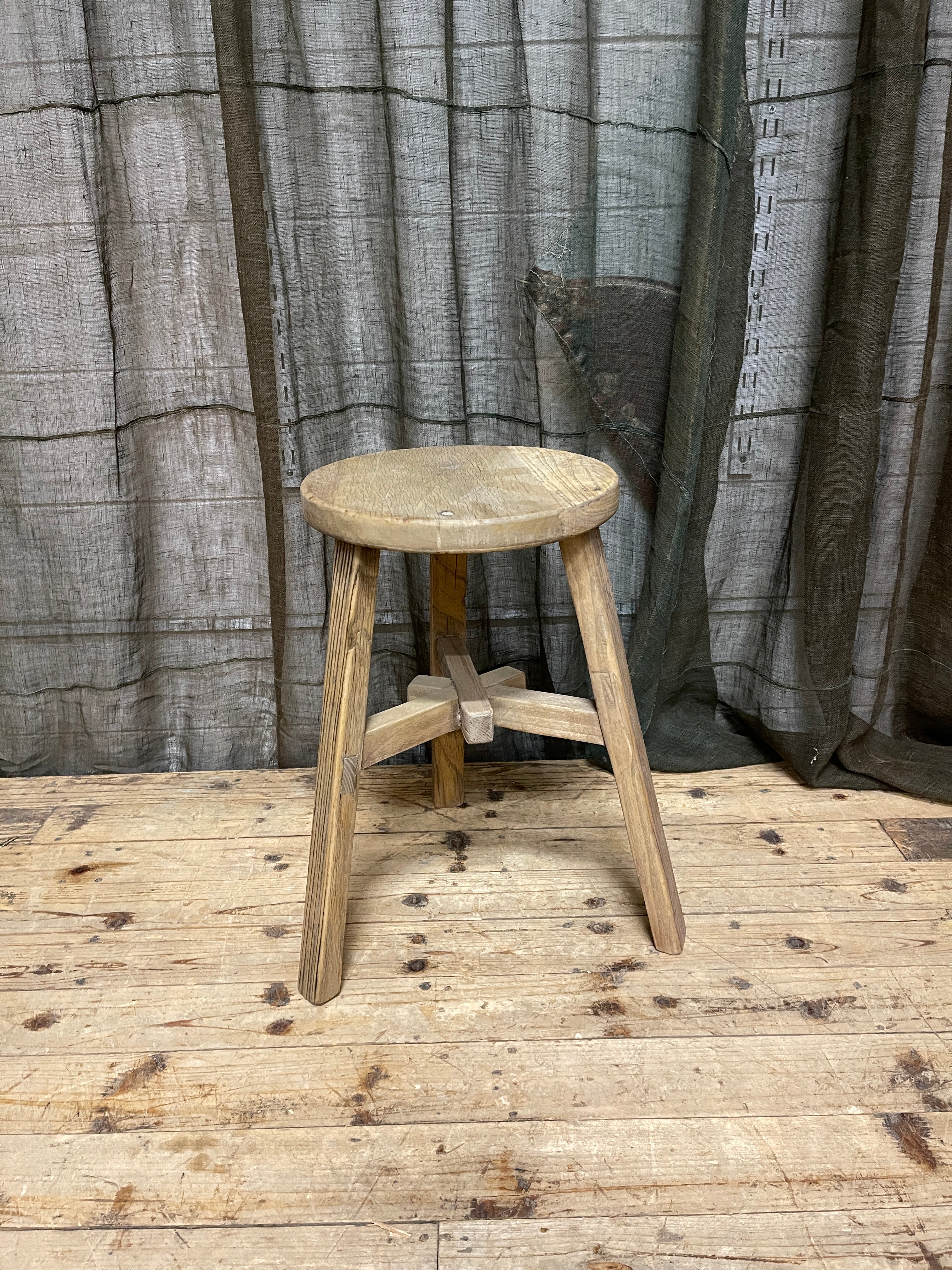 Rustic Chinese Round Stool, Elm