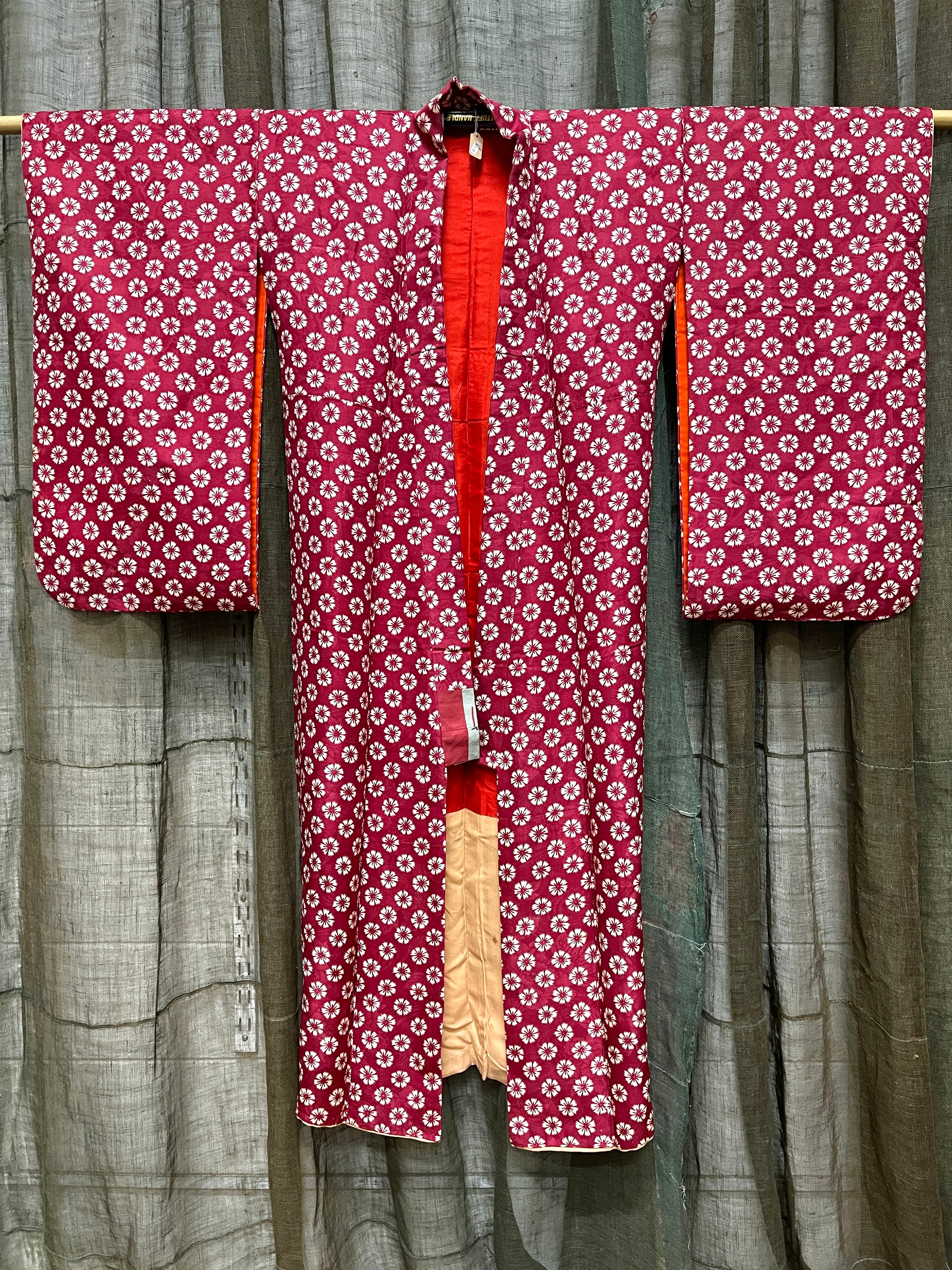 Vintage Japanese Silk Kimono | Red Chrysanthemum