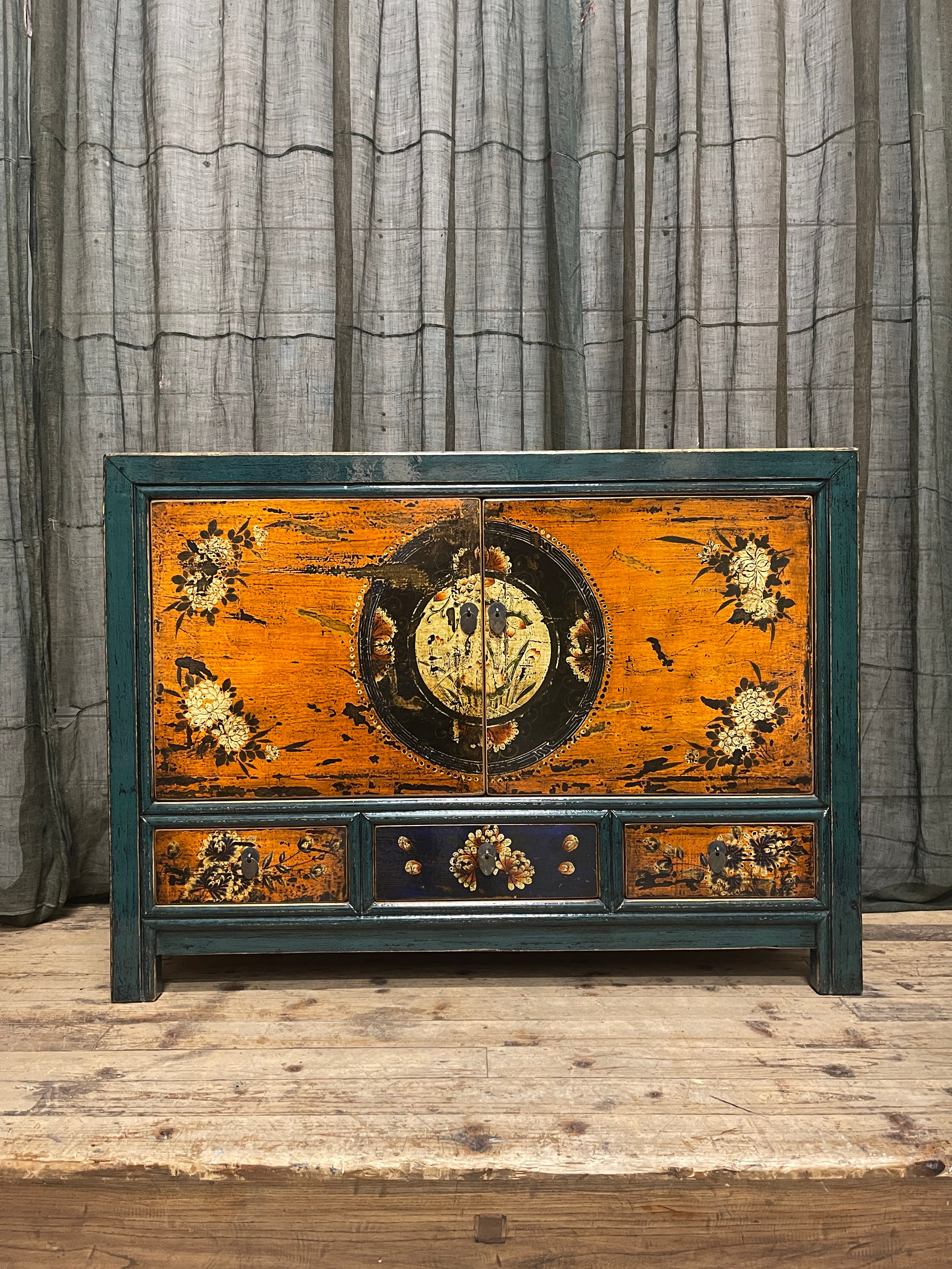 Chinese Teal & Orange Lacquered Cabinet