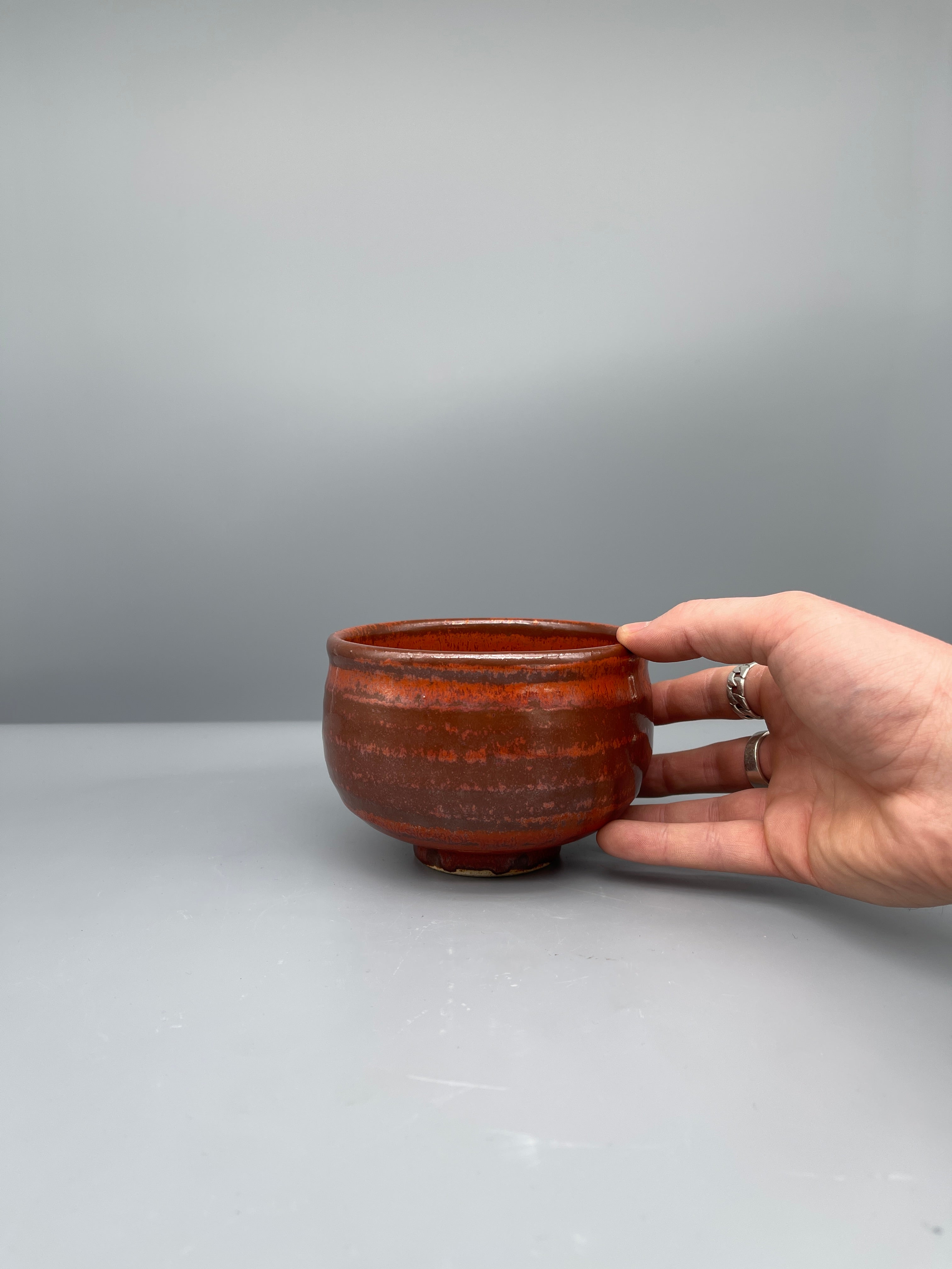 Vintage Japanese Chawan Tea Bowl - Stoneware, Orange Striped Glaze
