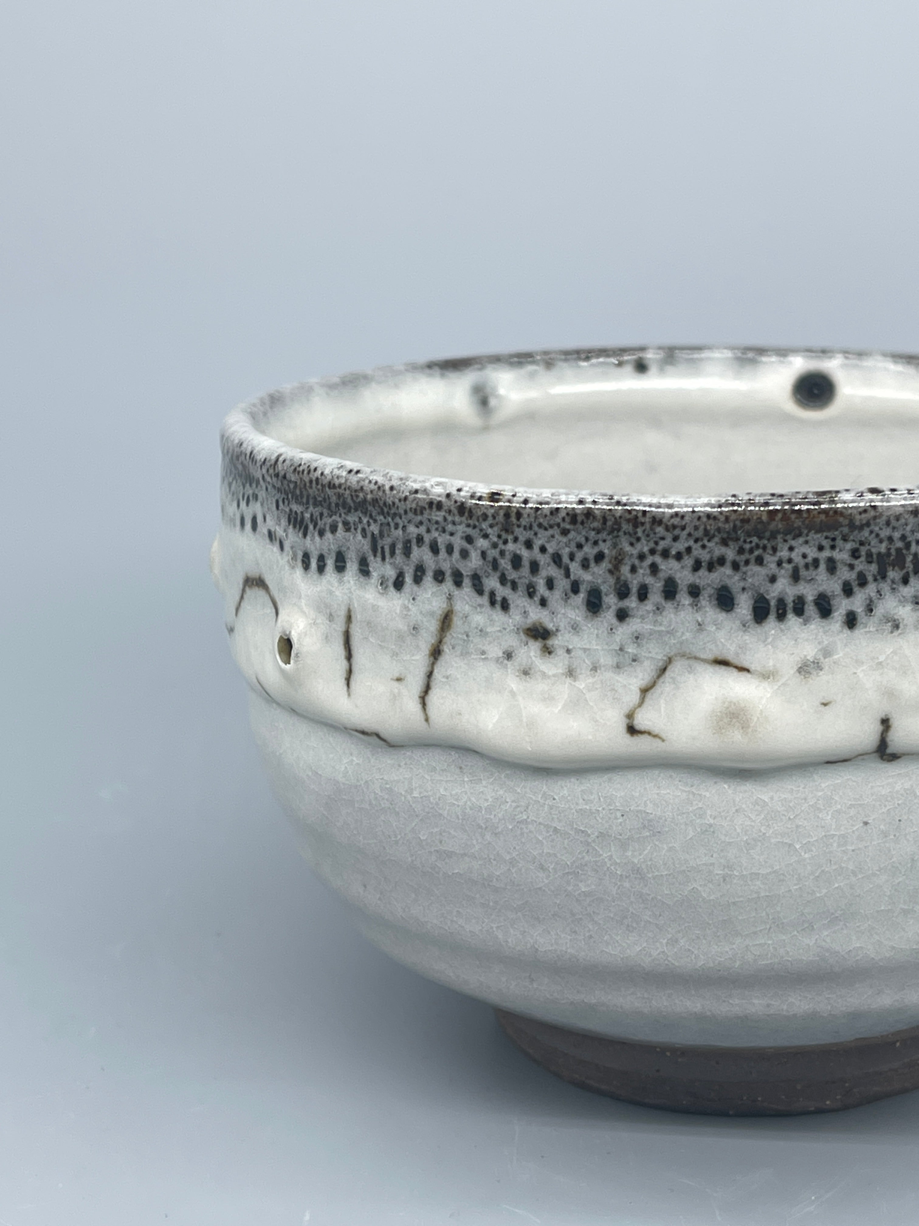 Vintage Japanese Matcha Bowl, Chawan - Blue & White Shino Glaze