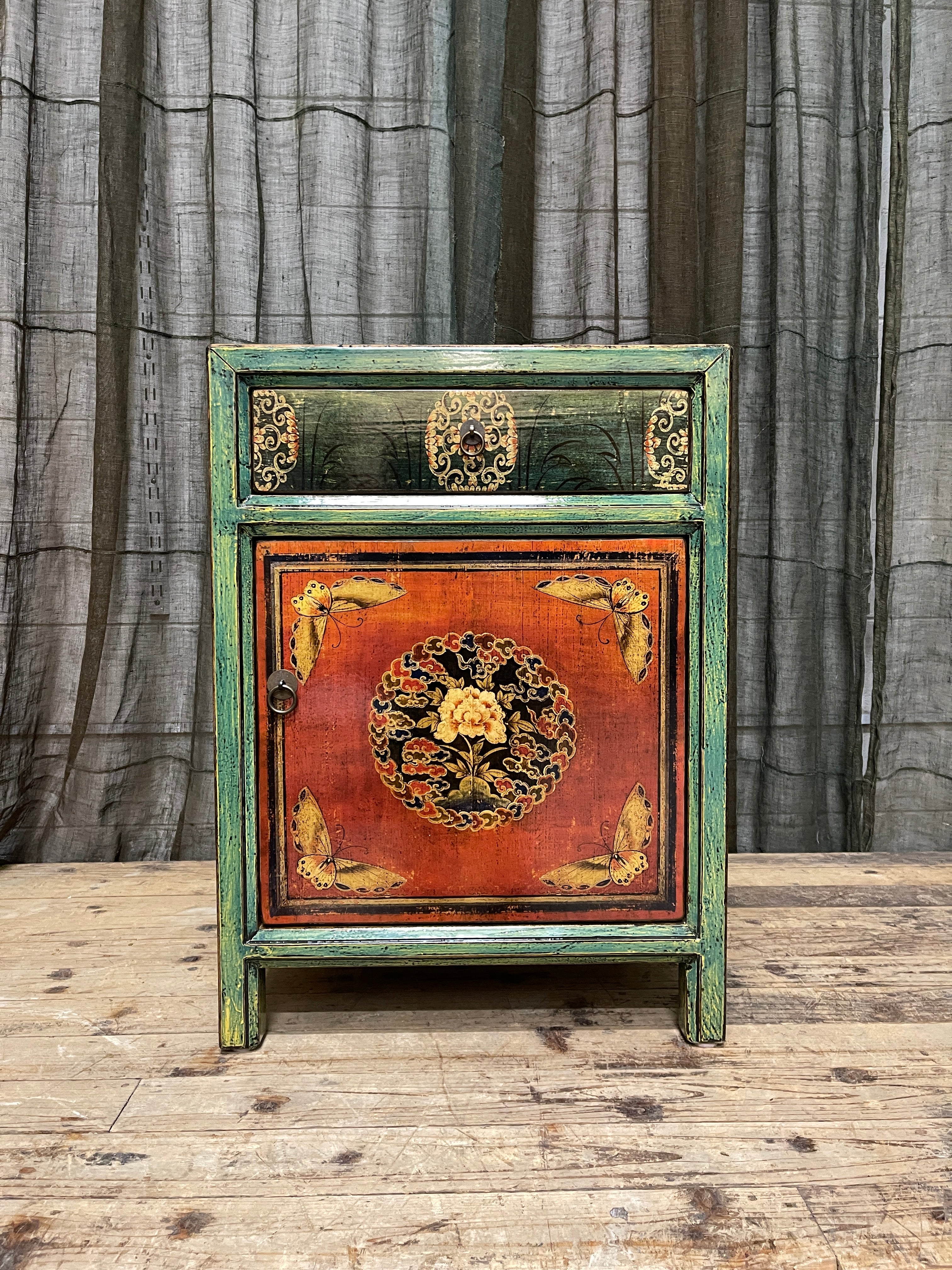 Provincial Style Chinese Green Lacquered Side Cabinet