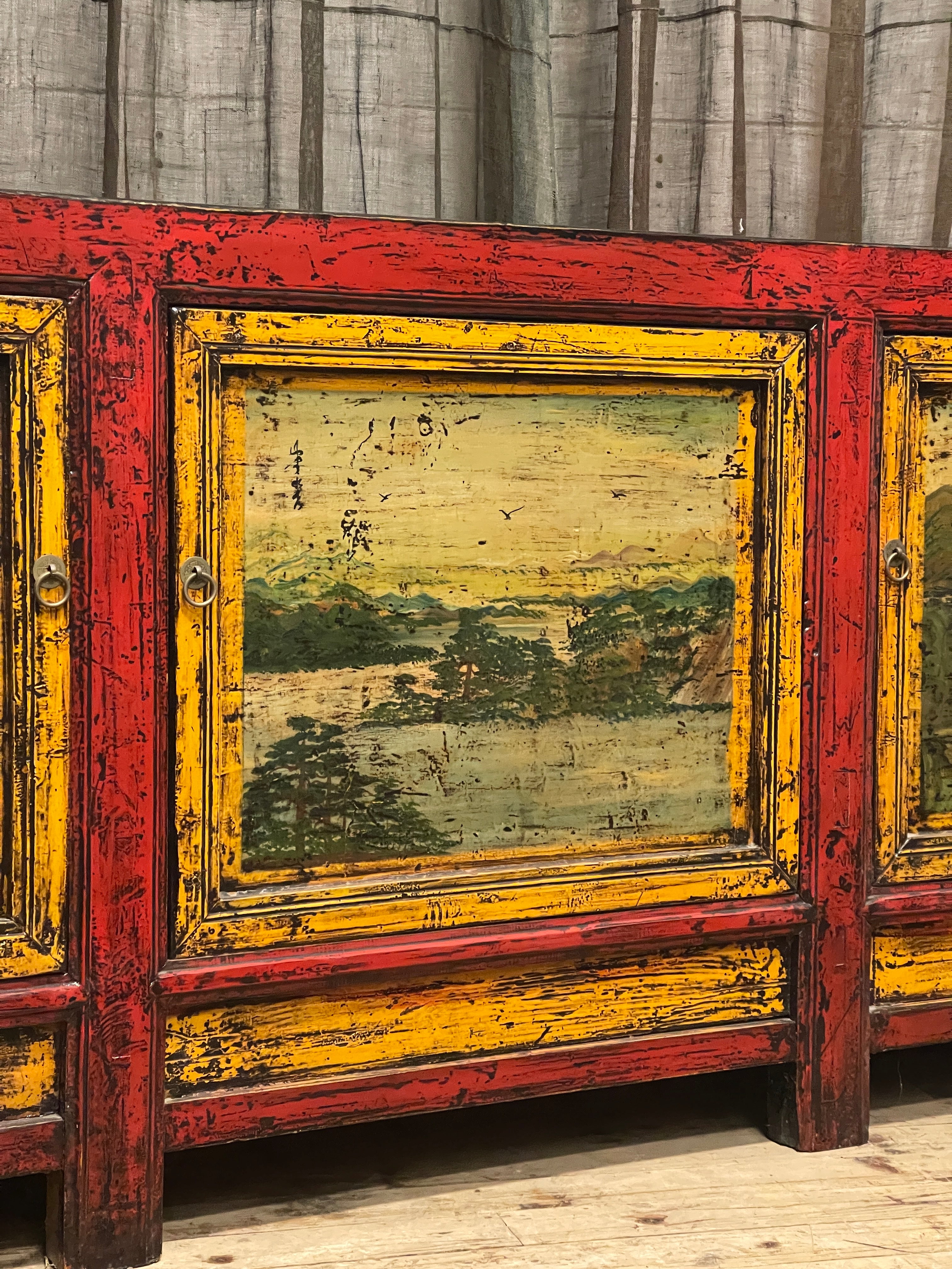 Antique Chinese Sideboard, Original Painted Finish, Landscape Panels