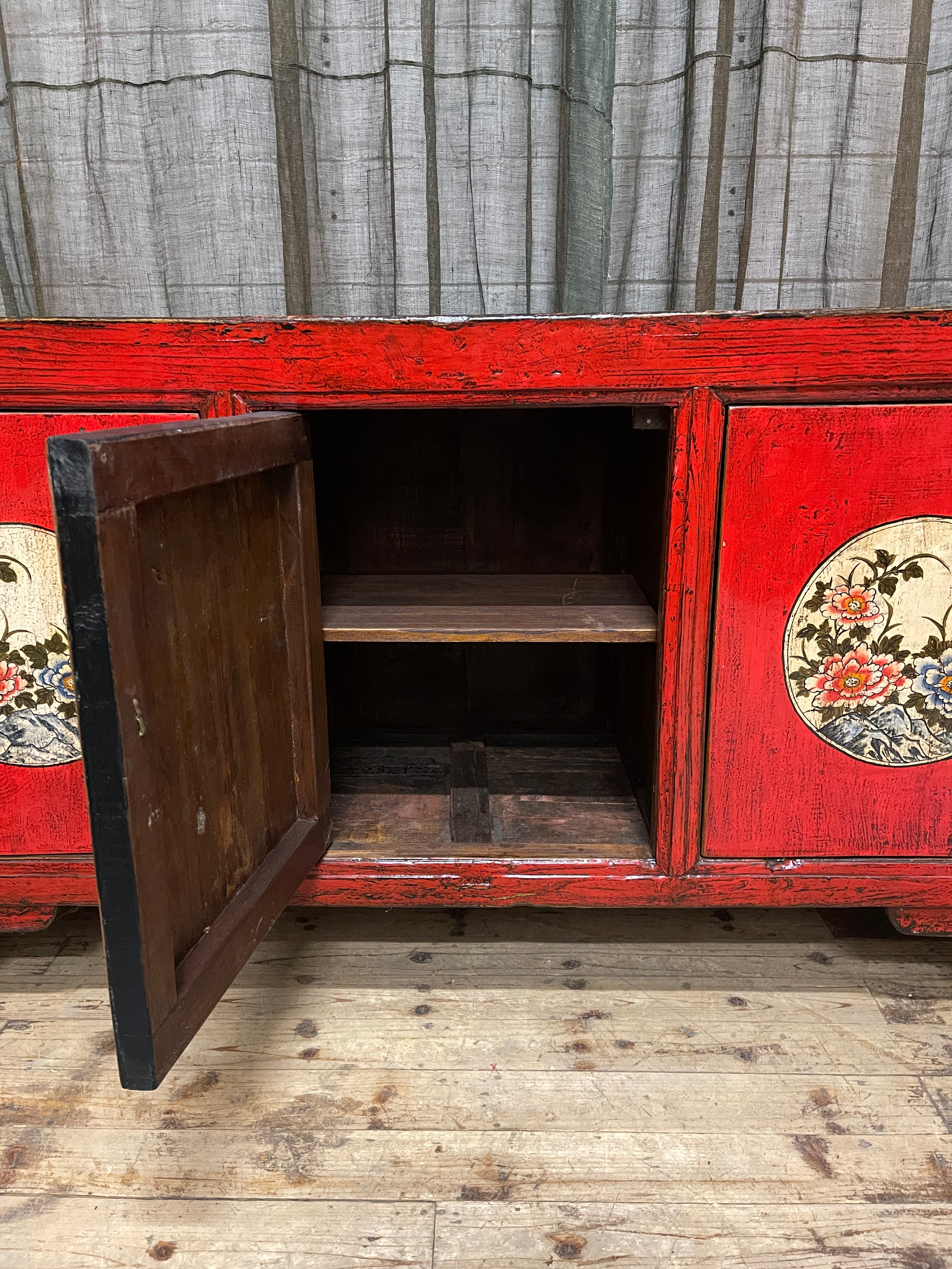 Chinese Red Lacquered Sideboard, Floral Medallion, Gansu Province