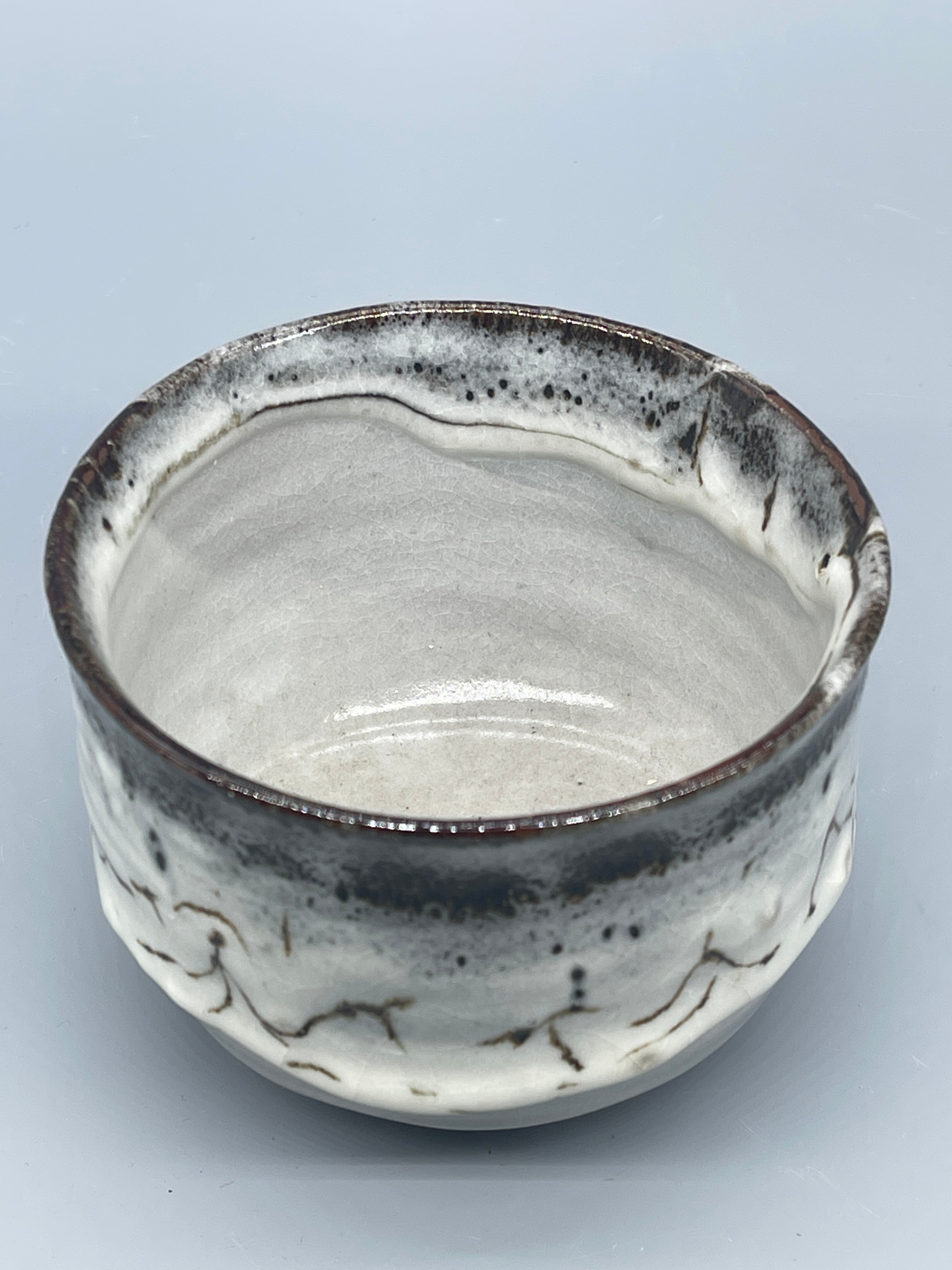 Vintage Japanese Matcha Bowl, Chawan - Blue & White Shino Glaze