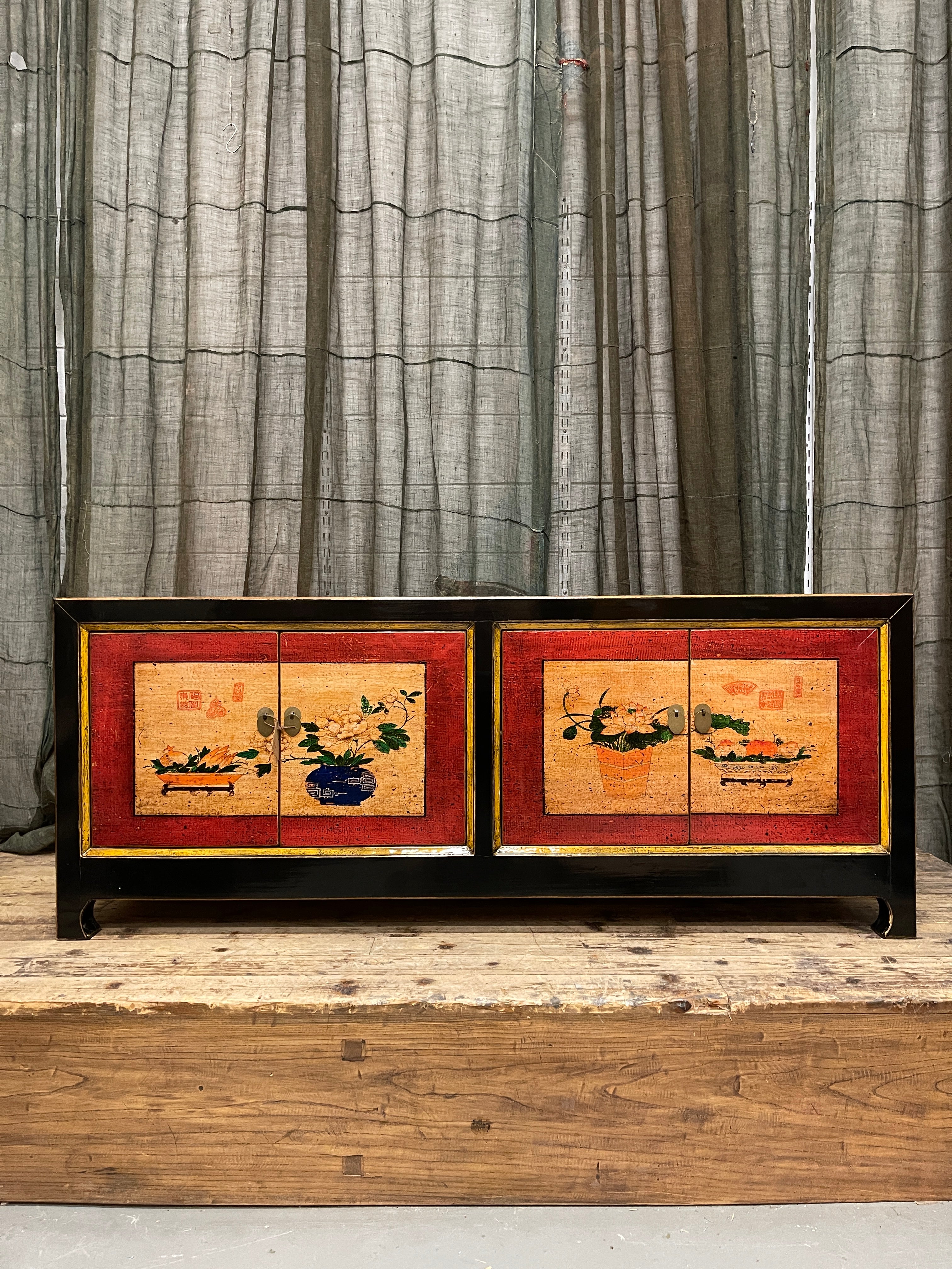Low Chinese Lacquered Cabinet, Black & Red Motif