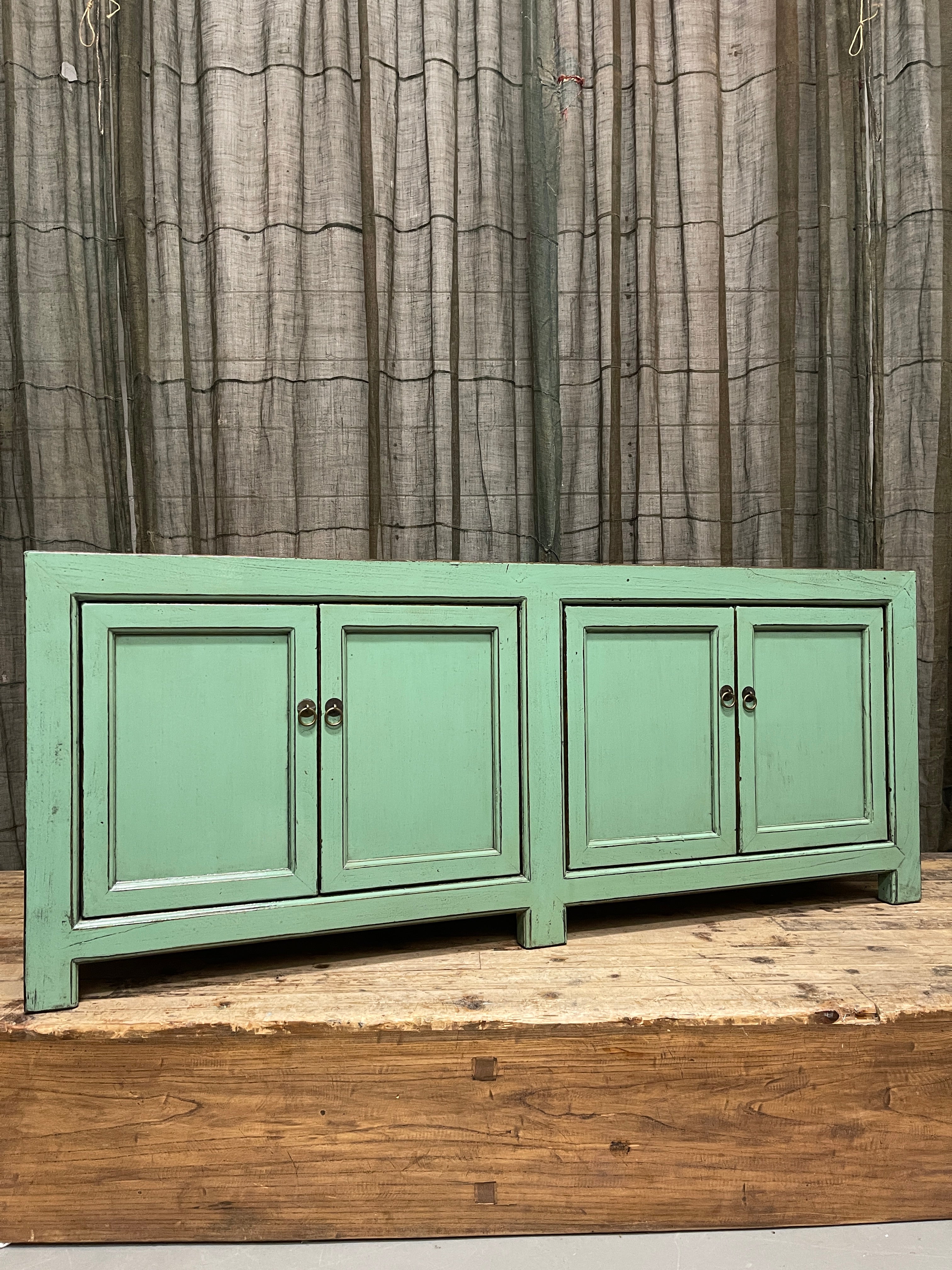 Chinese Sage Green Lacquered Low Sideboard, 4 Door