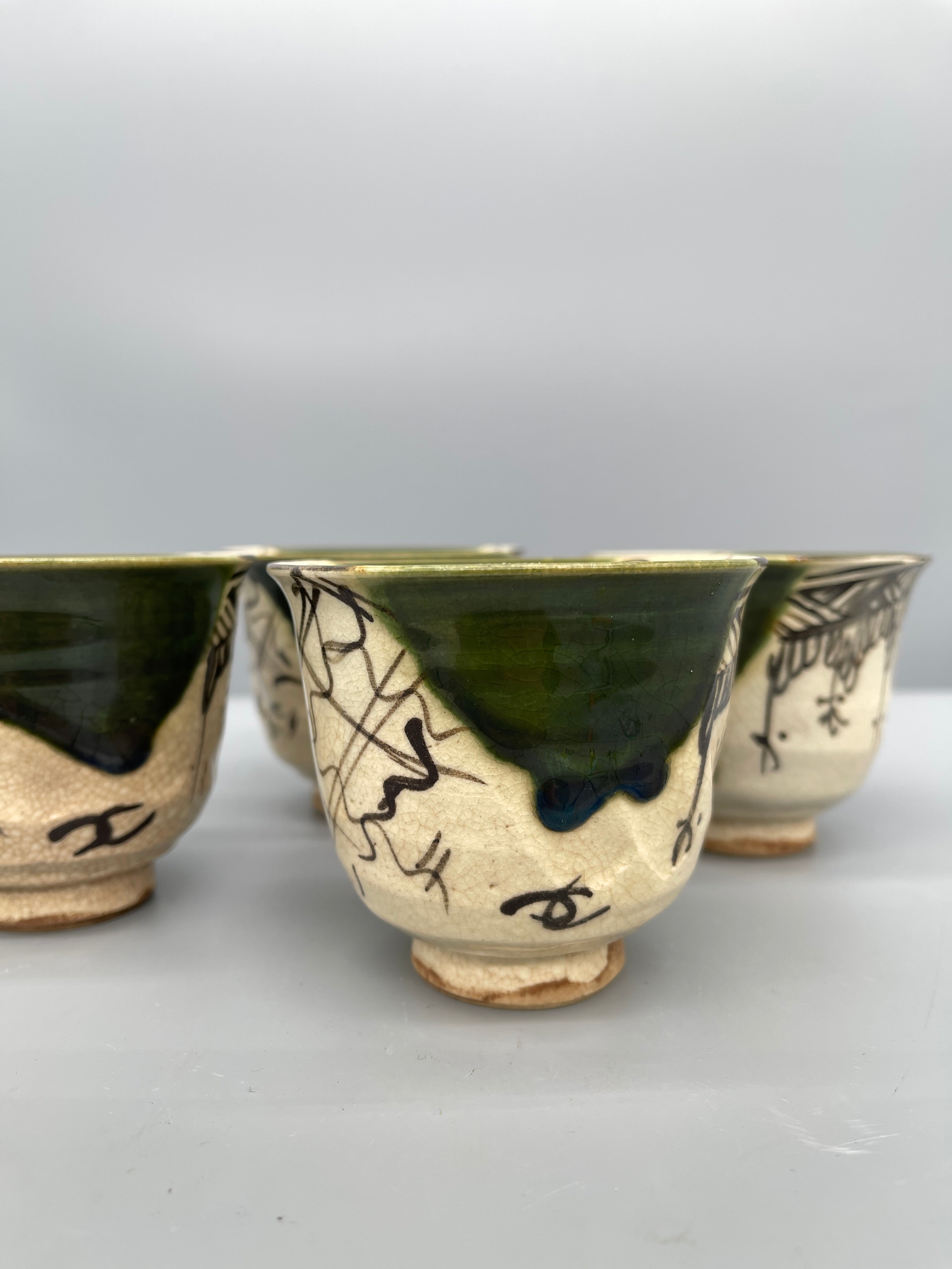A Set Of Vintage Japanese Tea Cups, Green Oribe Glaze