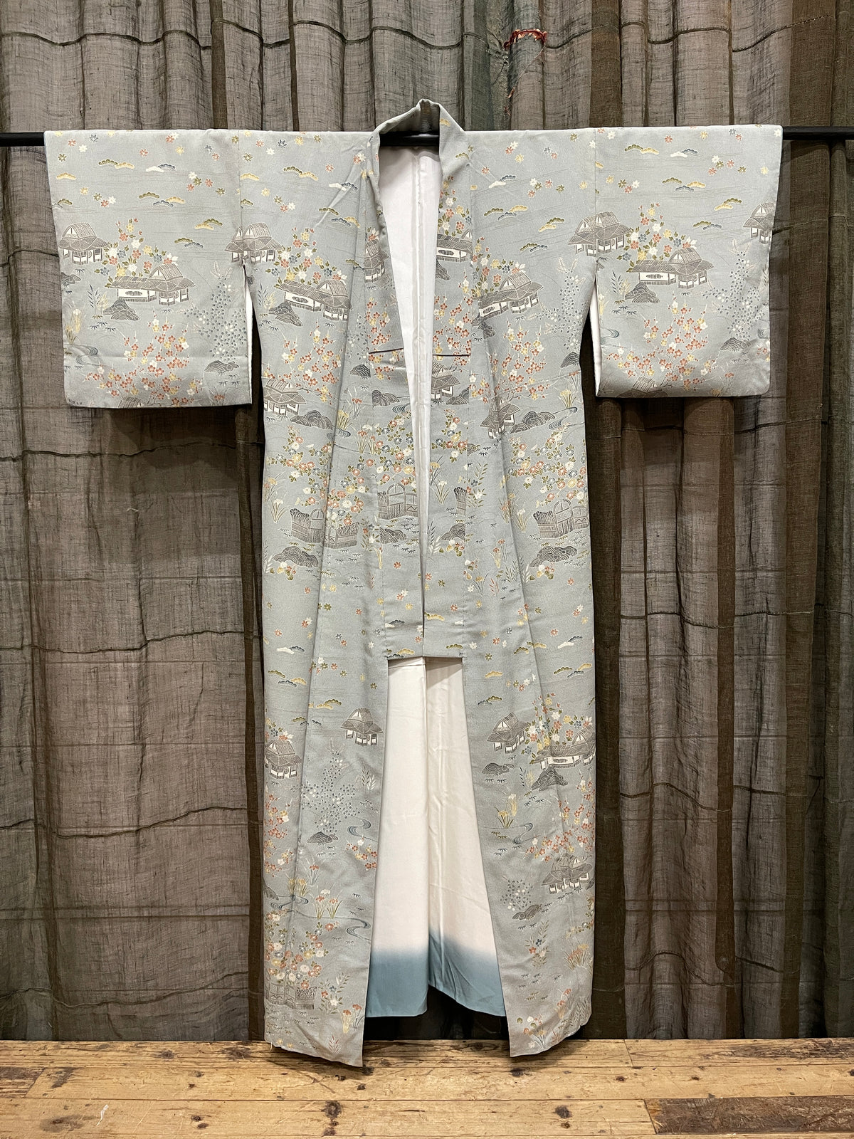 Vintage Japanese Silk Chirimen Kimono, Scenic Landscape Pattern