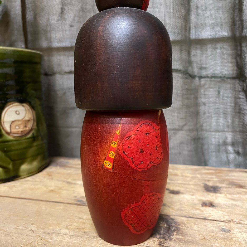 Vintage Japanese Kokeshi Doll with Red Blossom Kimono