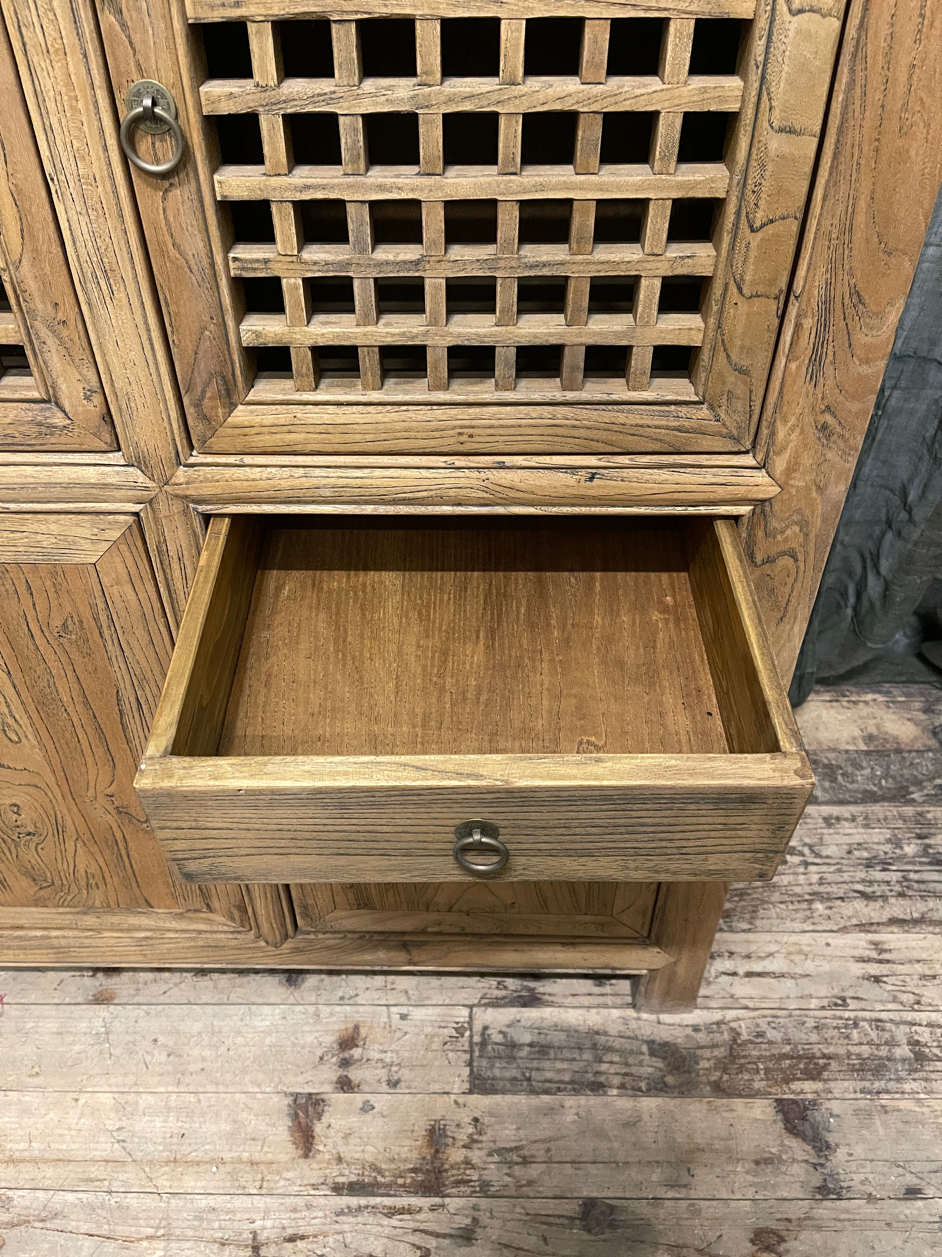 Chinese Recycled Elm Kitchen Cabinet, Lattice Doors