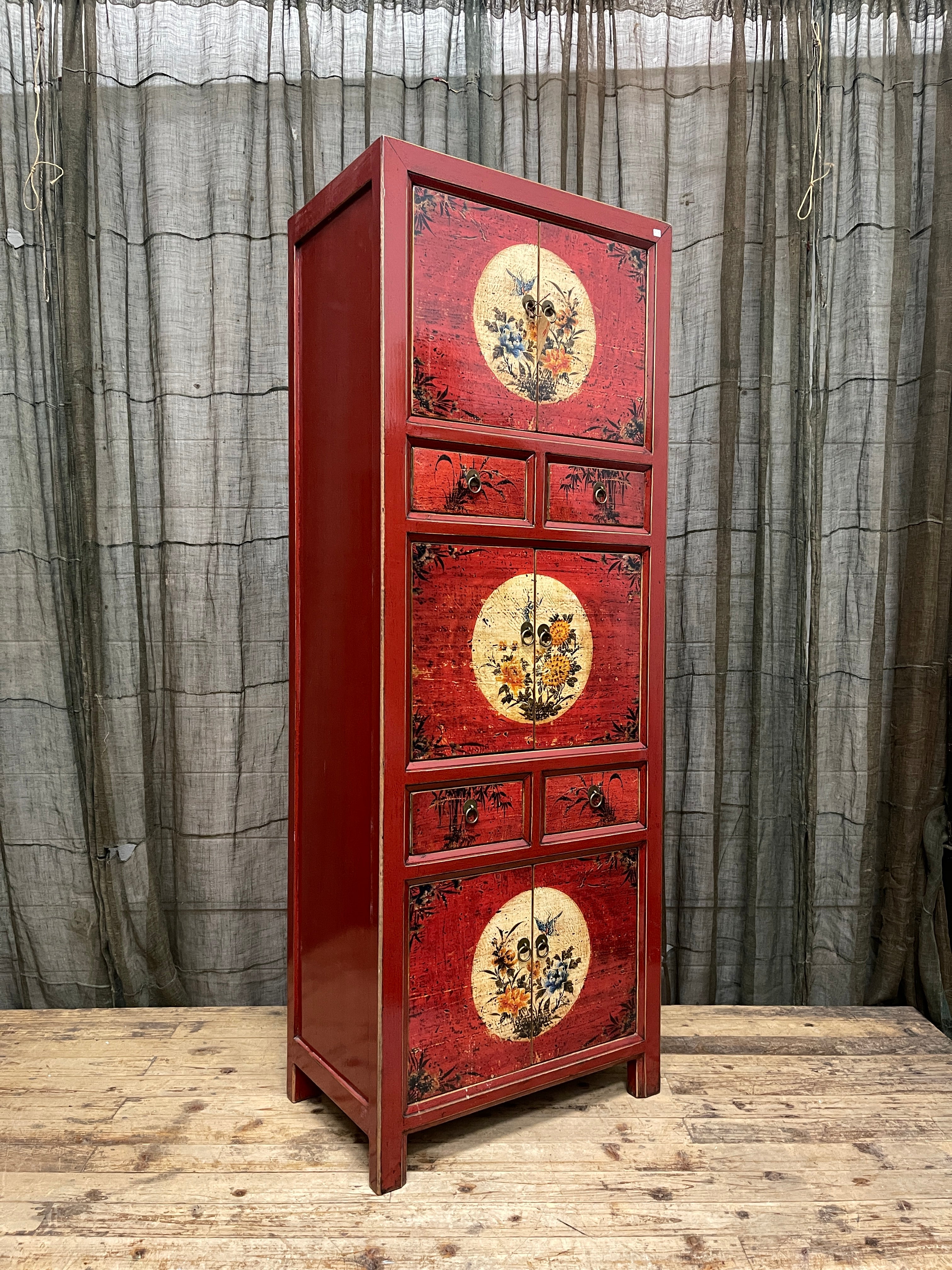 Chinese Red Lacquered Storage Cabinet, Floral Medallion