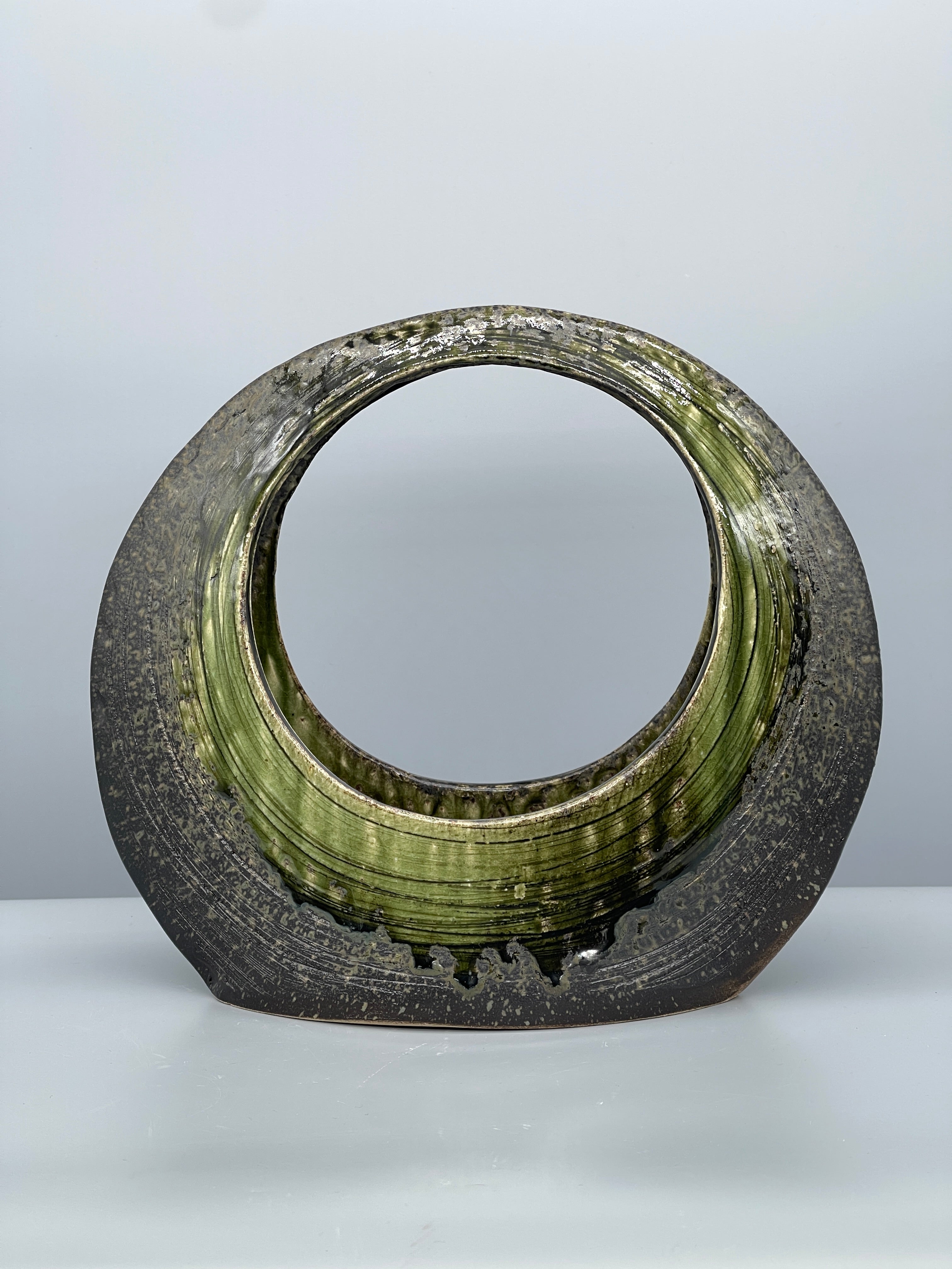 Midcentury Japanese Round Ikebana Vase, Earthy Green Glaze