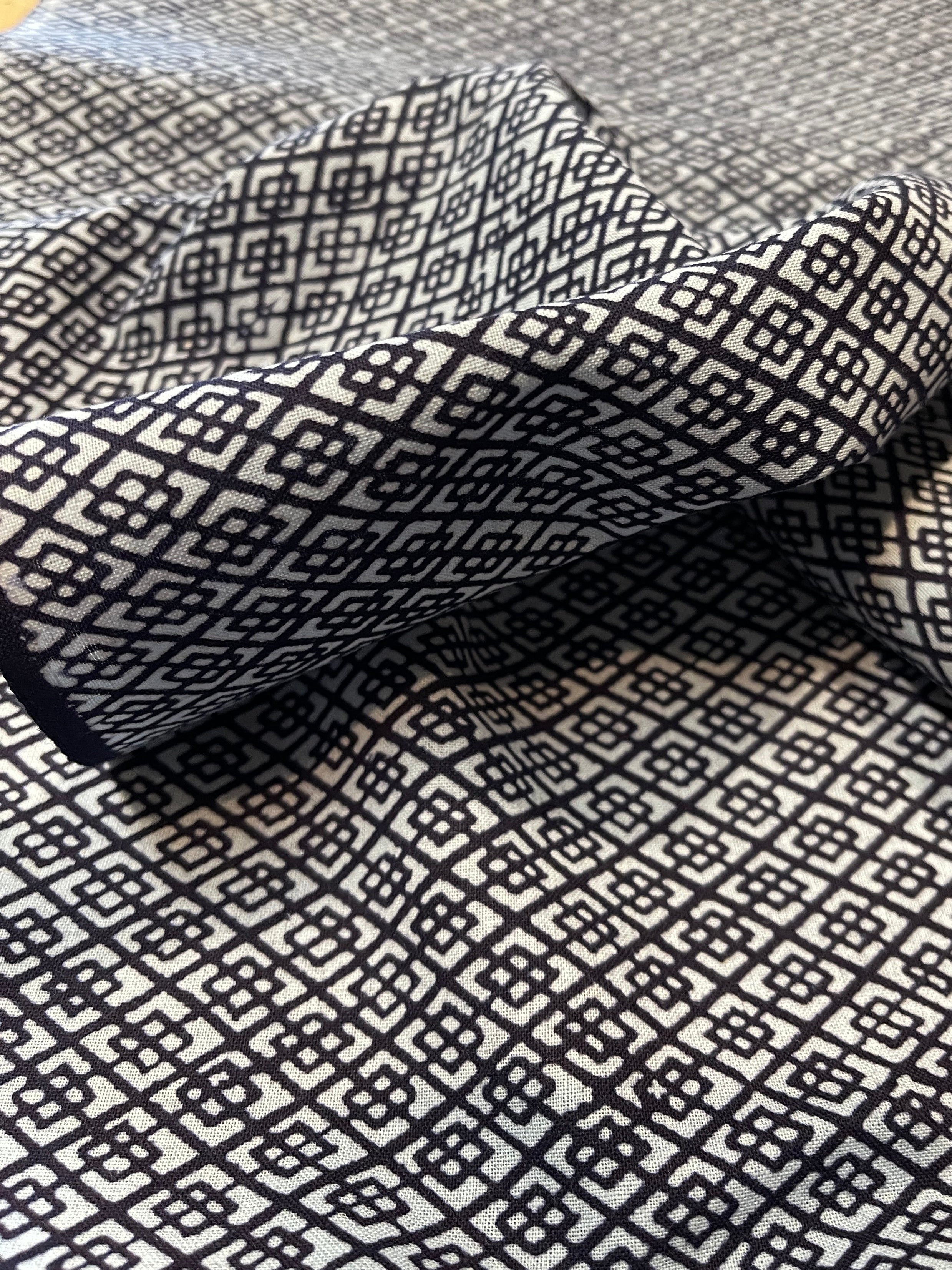 Japanese Yukata Cotton Fabric, Indigo Geometric Pattern