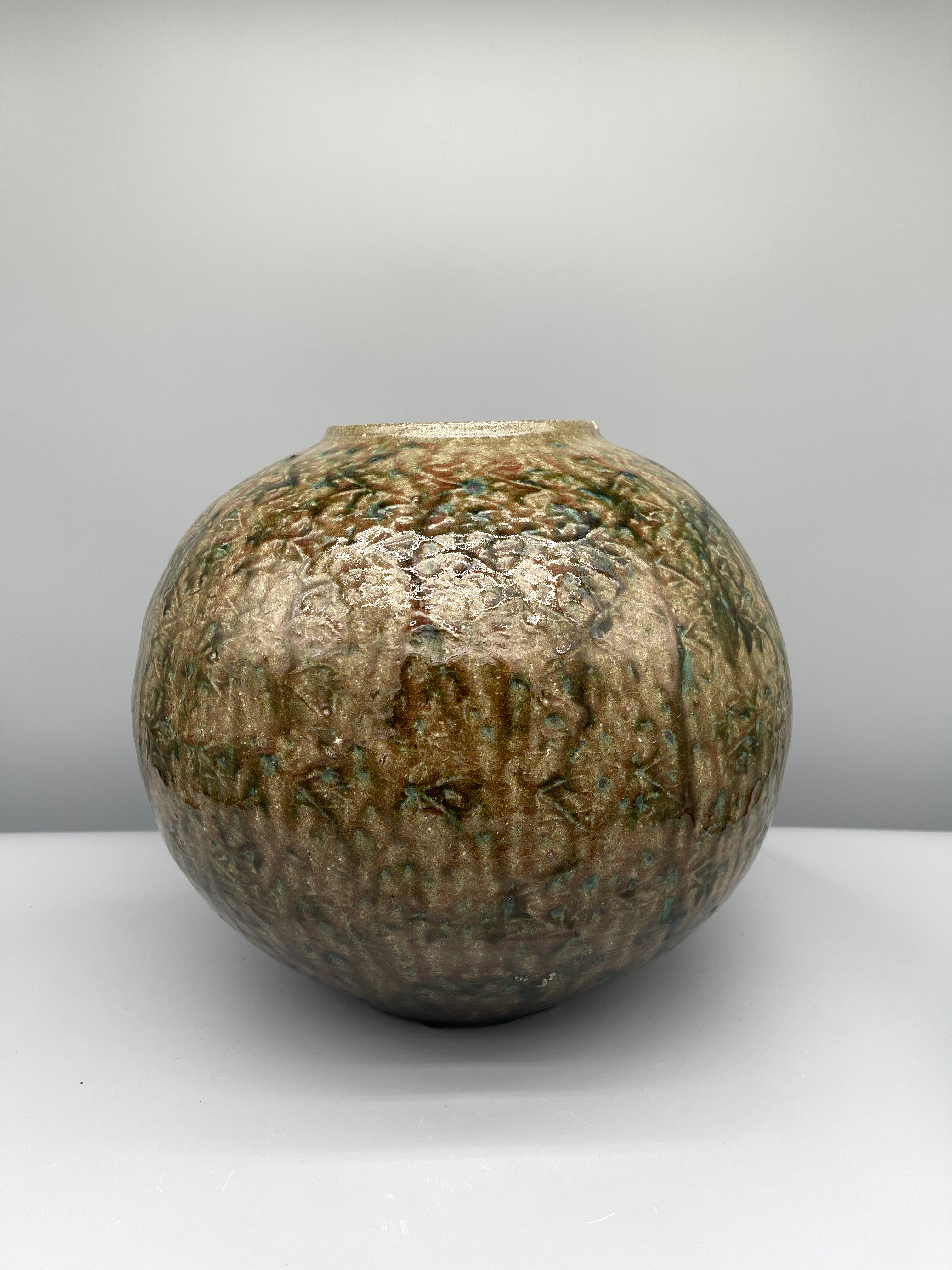 Large Vintage Japanese Round Vase - Green Moss Glaze