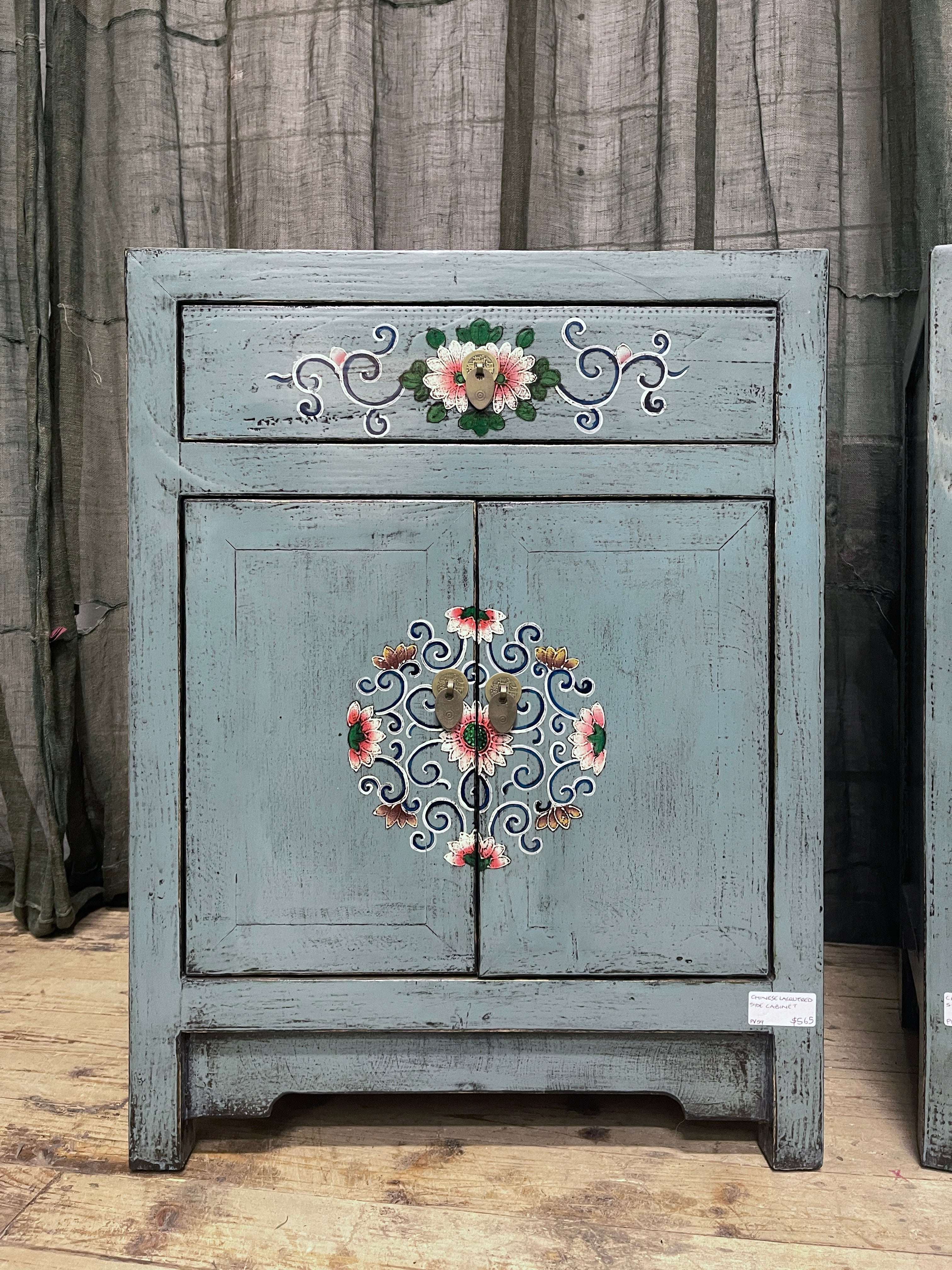 Chinese Blue Lacquered Side Cabinet, Floral Motif