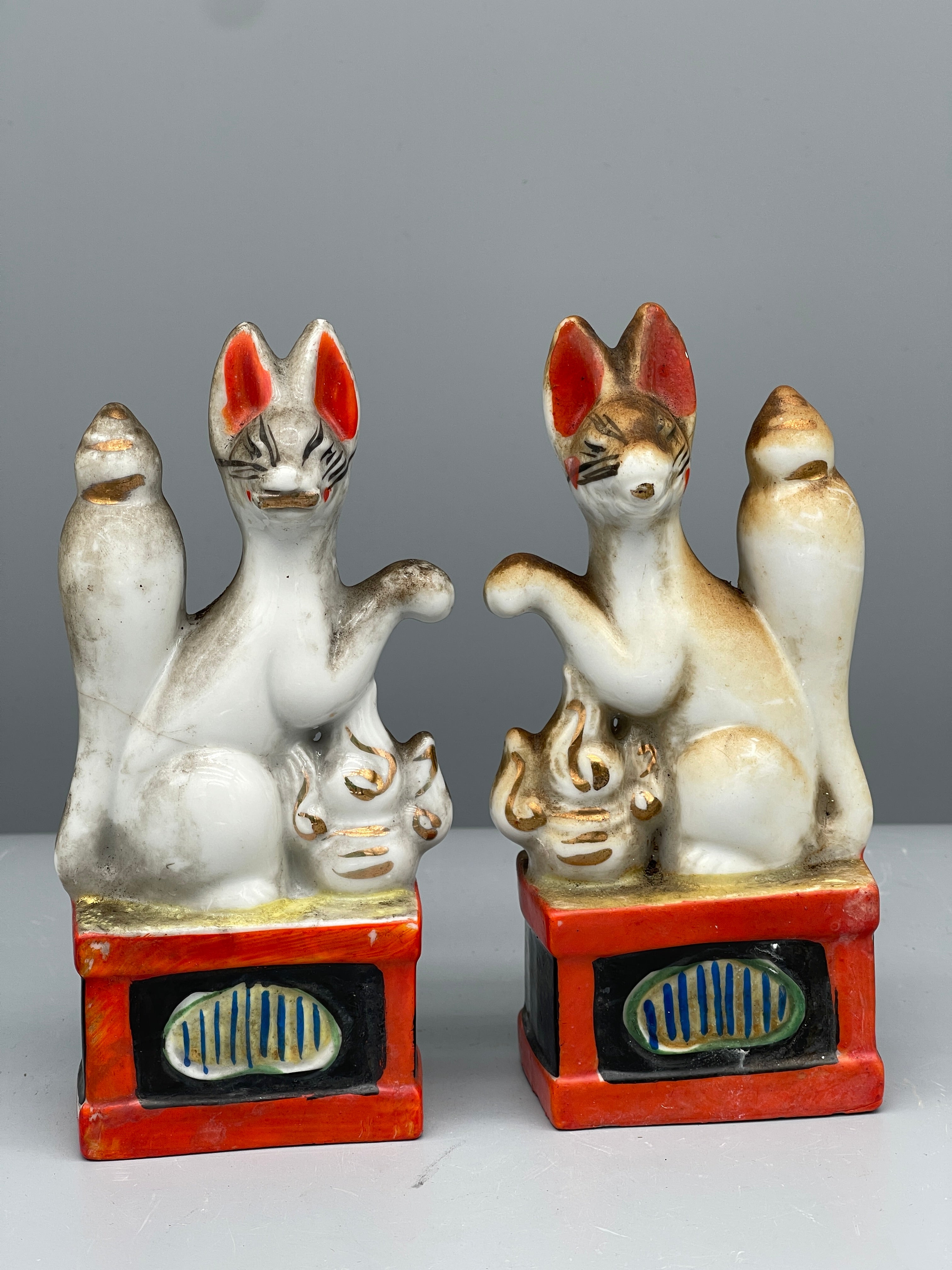 Pair of Vintage Japanese Porcelain Kitsune Statues