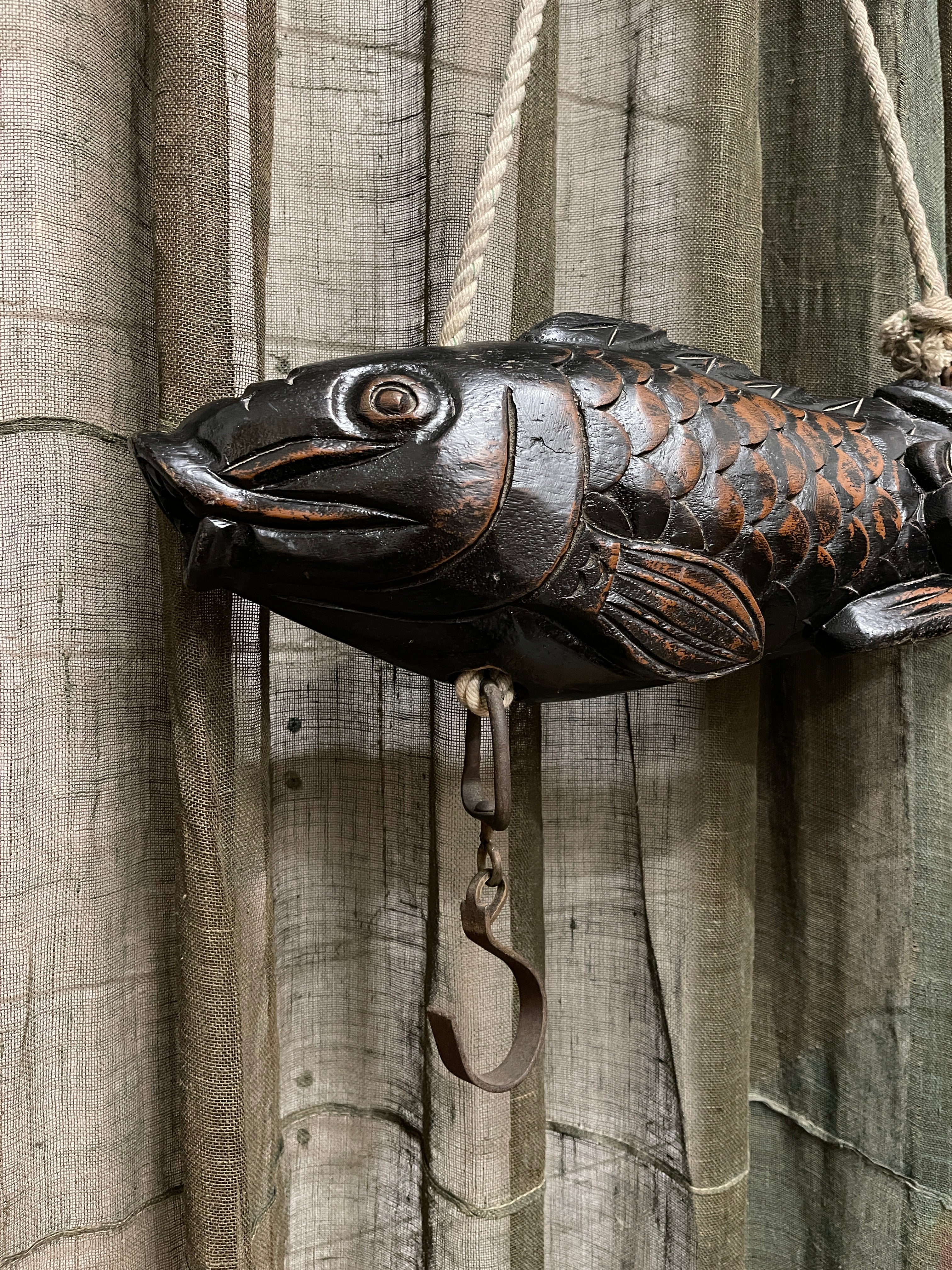 Vintage Japanese Carved Wooden Koi Fish, Jizai Kagi