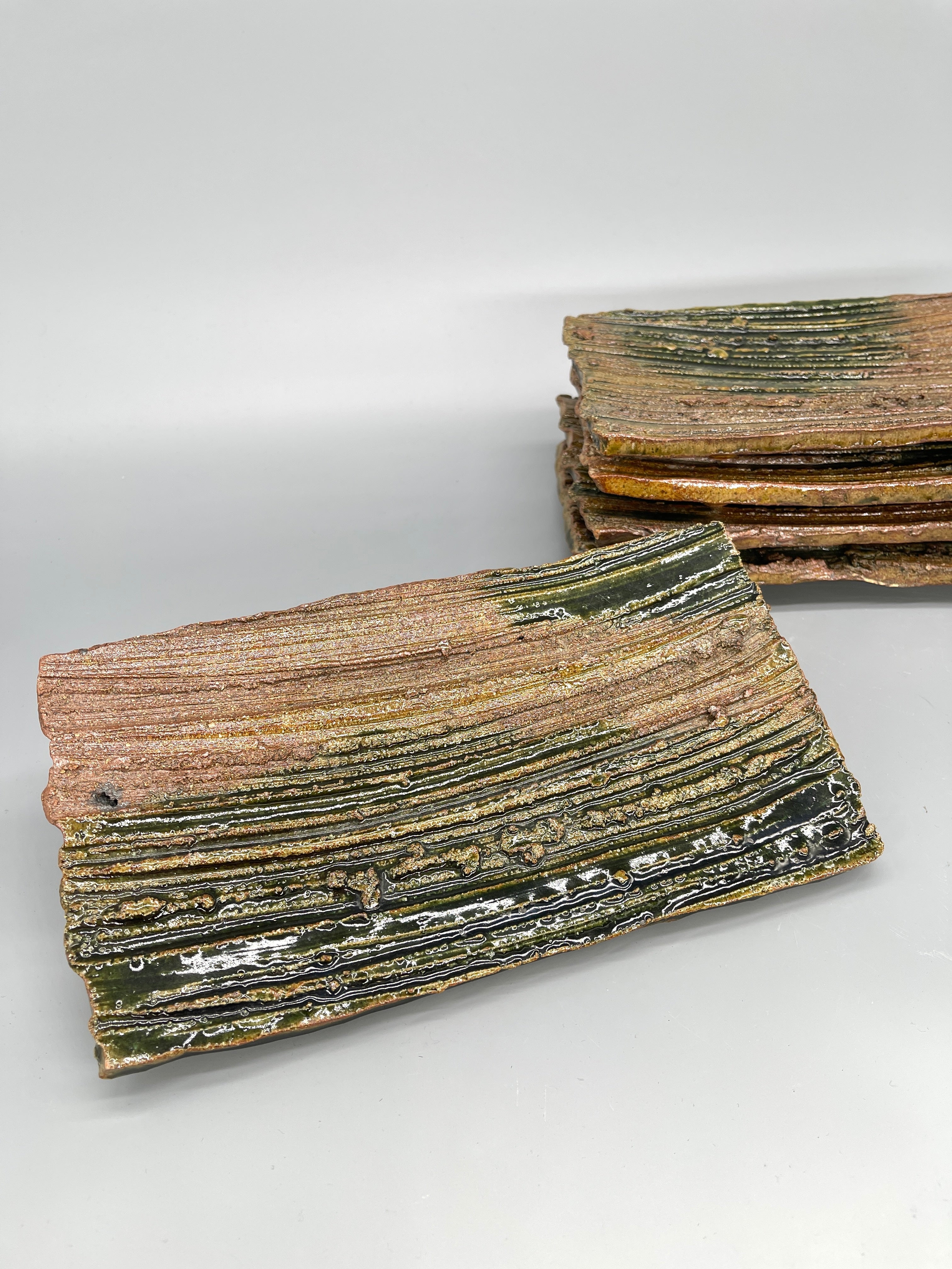 Set Of 5 Japanese Rectangular Serving Plate, Deep Green Glaze