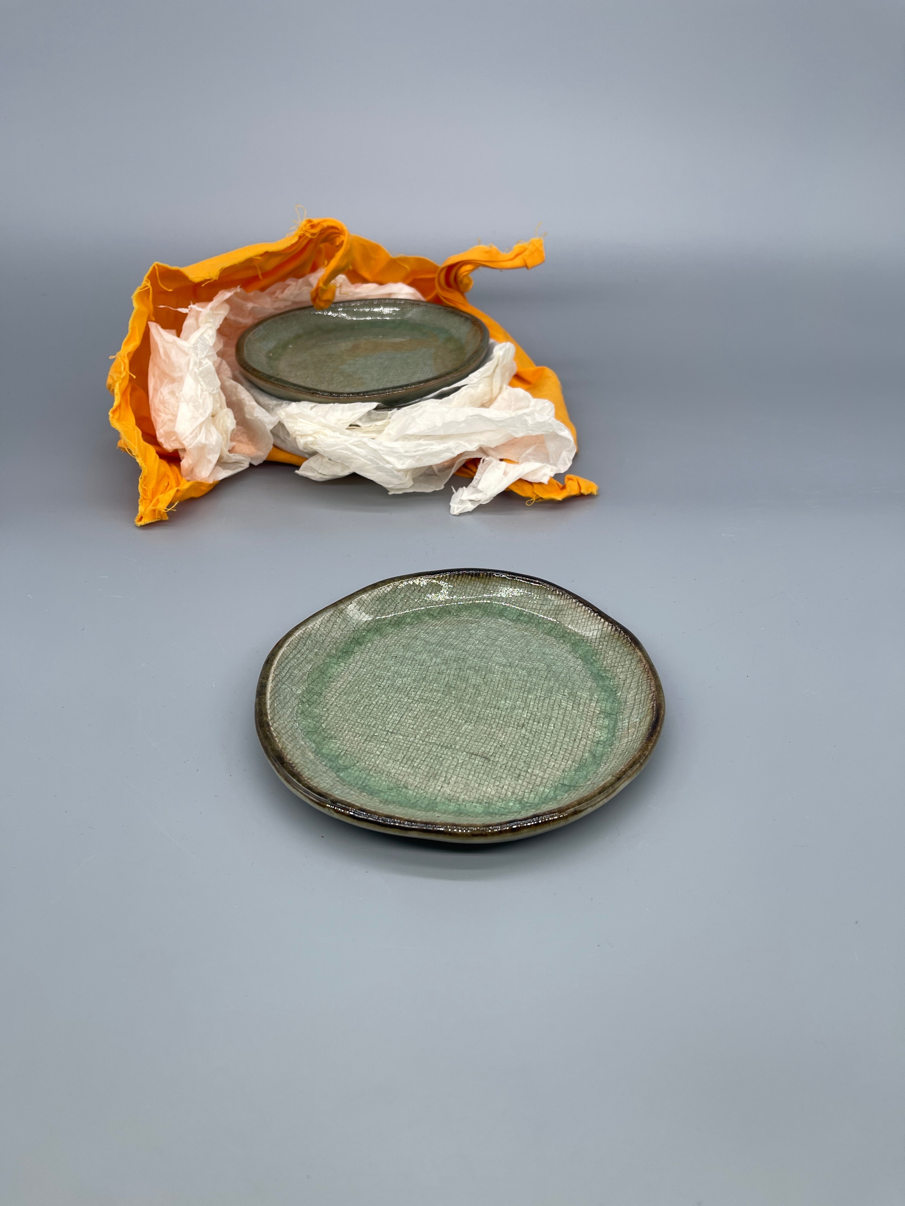 Set of Vintage Japanese Side Plates, Green Crackle Glaze