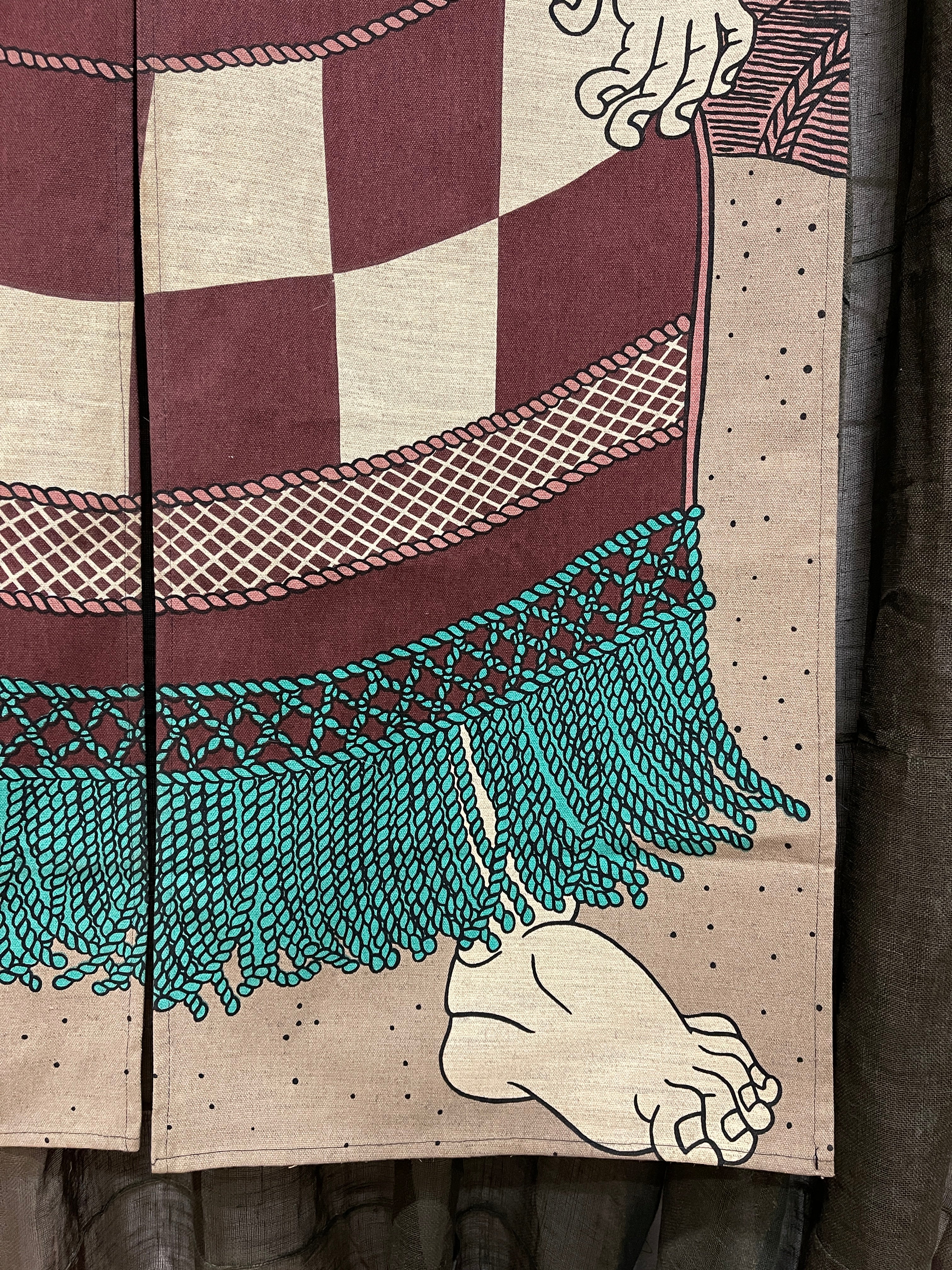 Japanese Cotton Noren with Sumo Wrestler , Panelled Curtain