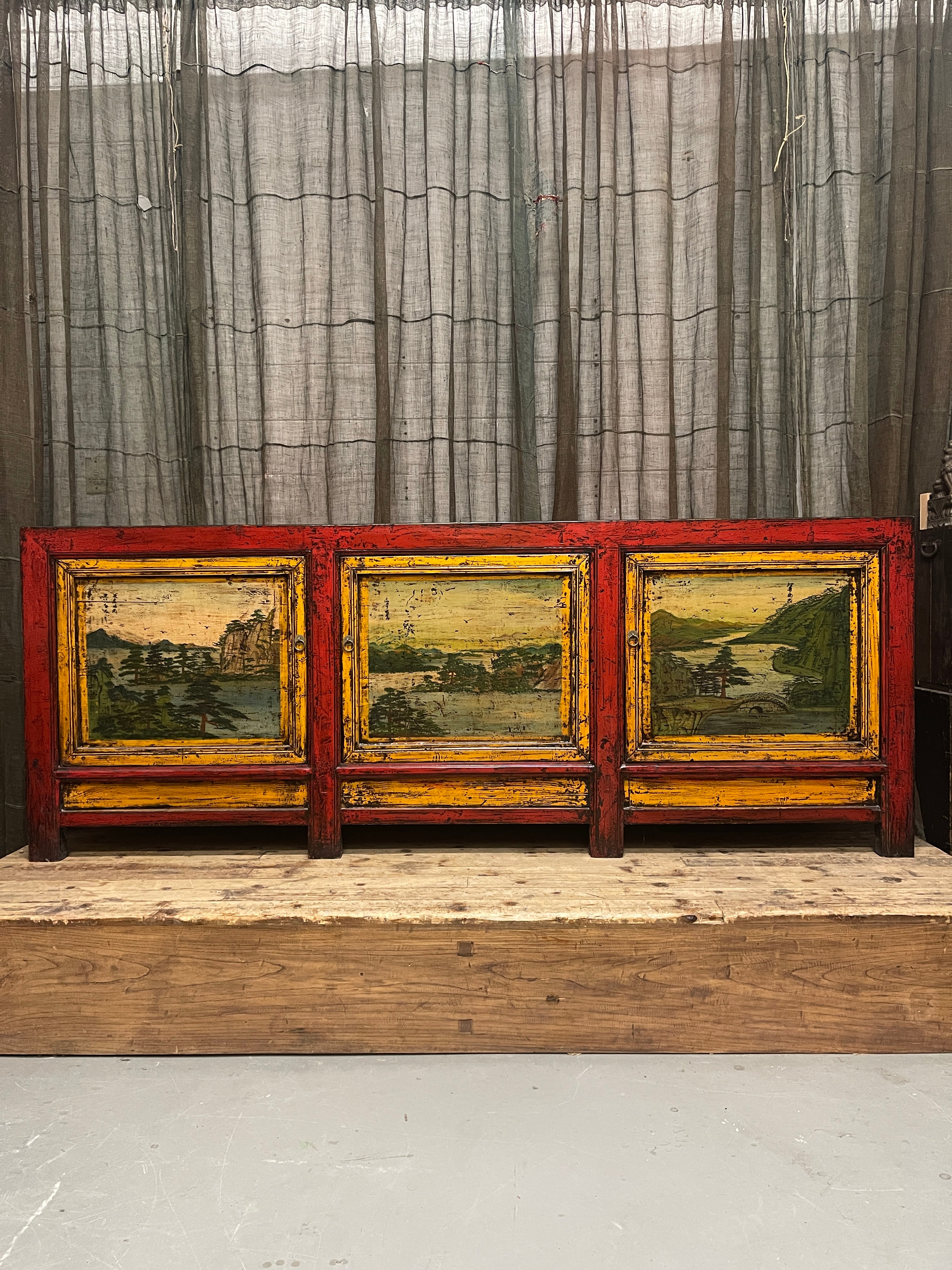 Antique Chinese Sideboard, Original Painted Finish, Landscape Panels