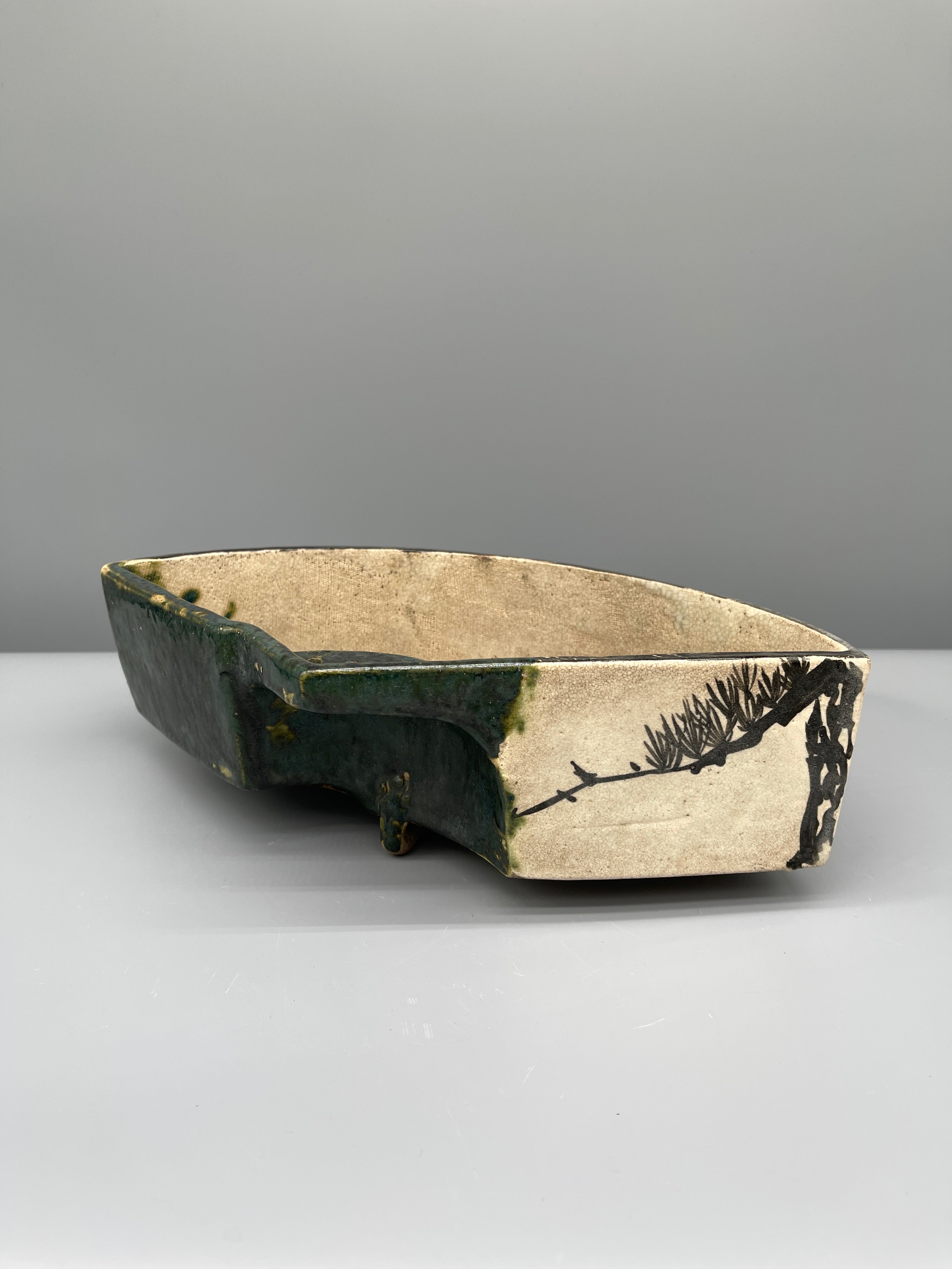 Vintage Japanese Fan Shape Dish, Oribe Glaze