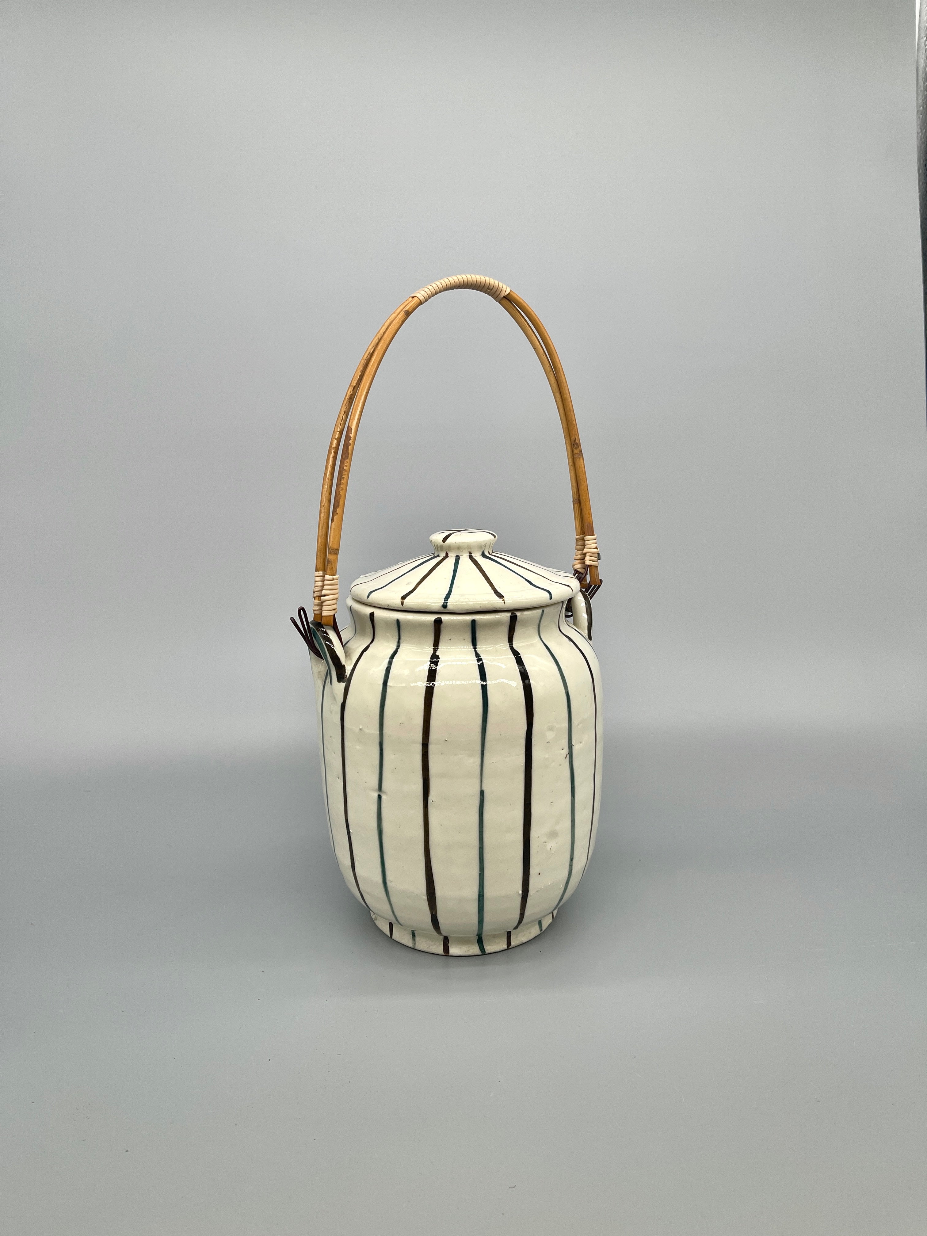 Vintage Japanese Fire Extinguishing Pot - White with Brown & Green Lines