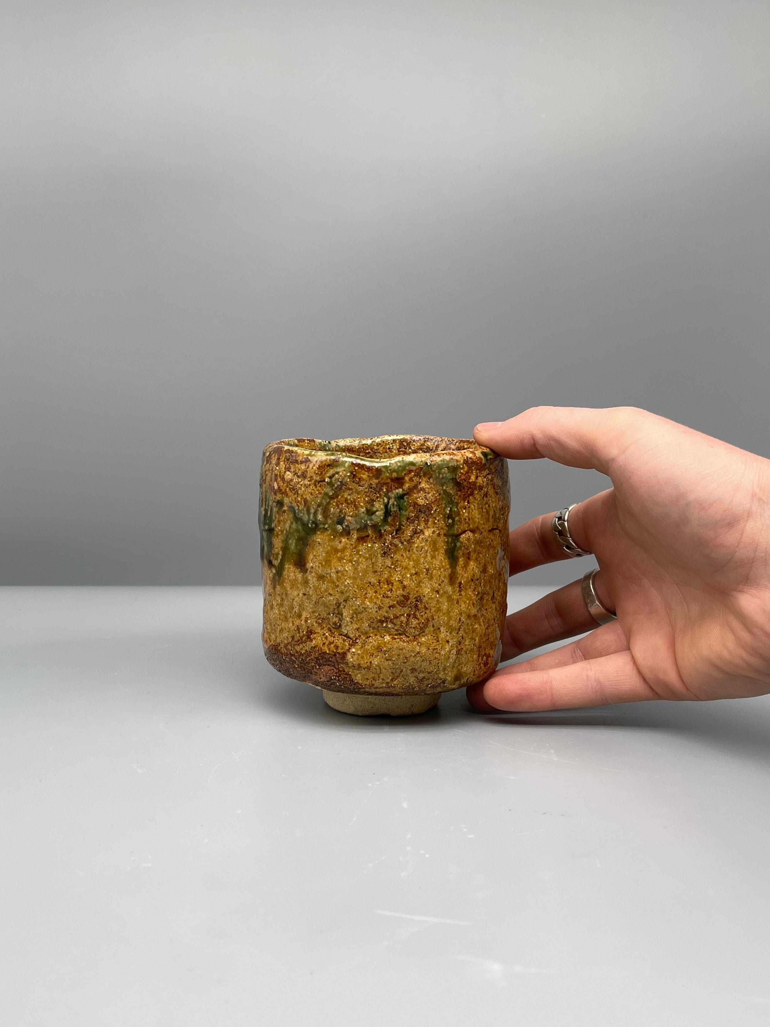Vintage Japanese Chawan Tea Bowl - Stoneware, Green Ash Glaze