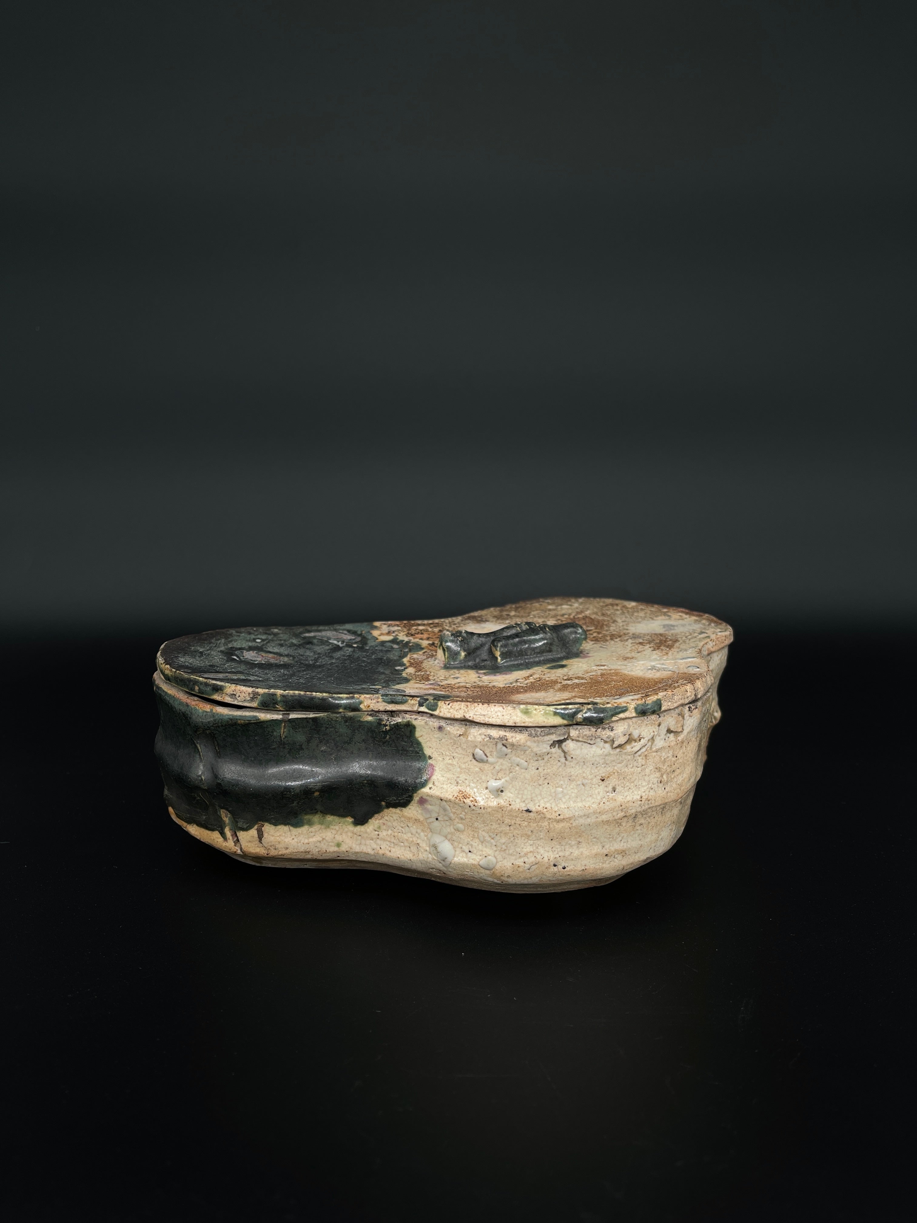 Antique Japanese Oribe Style Lidded Sweets Bowl