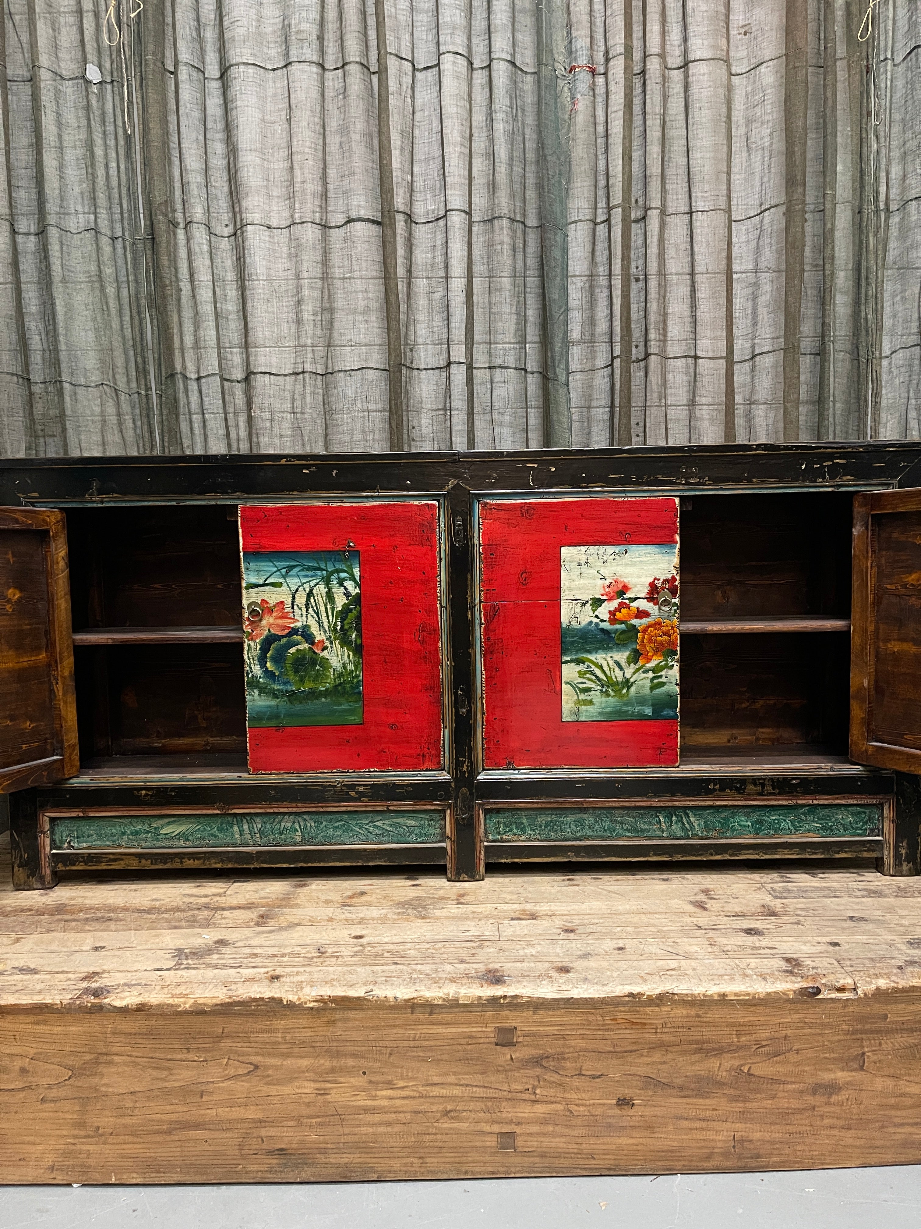 Antique Chinese Sideboard, Original Painted Finish, Floral & Lotus Panels