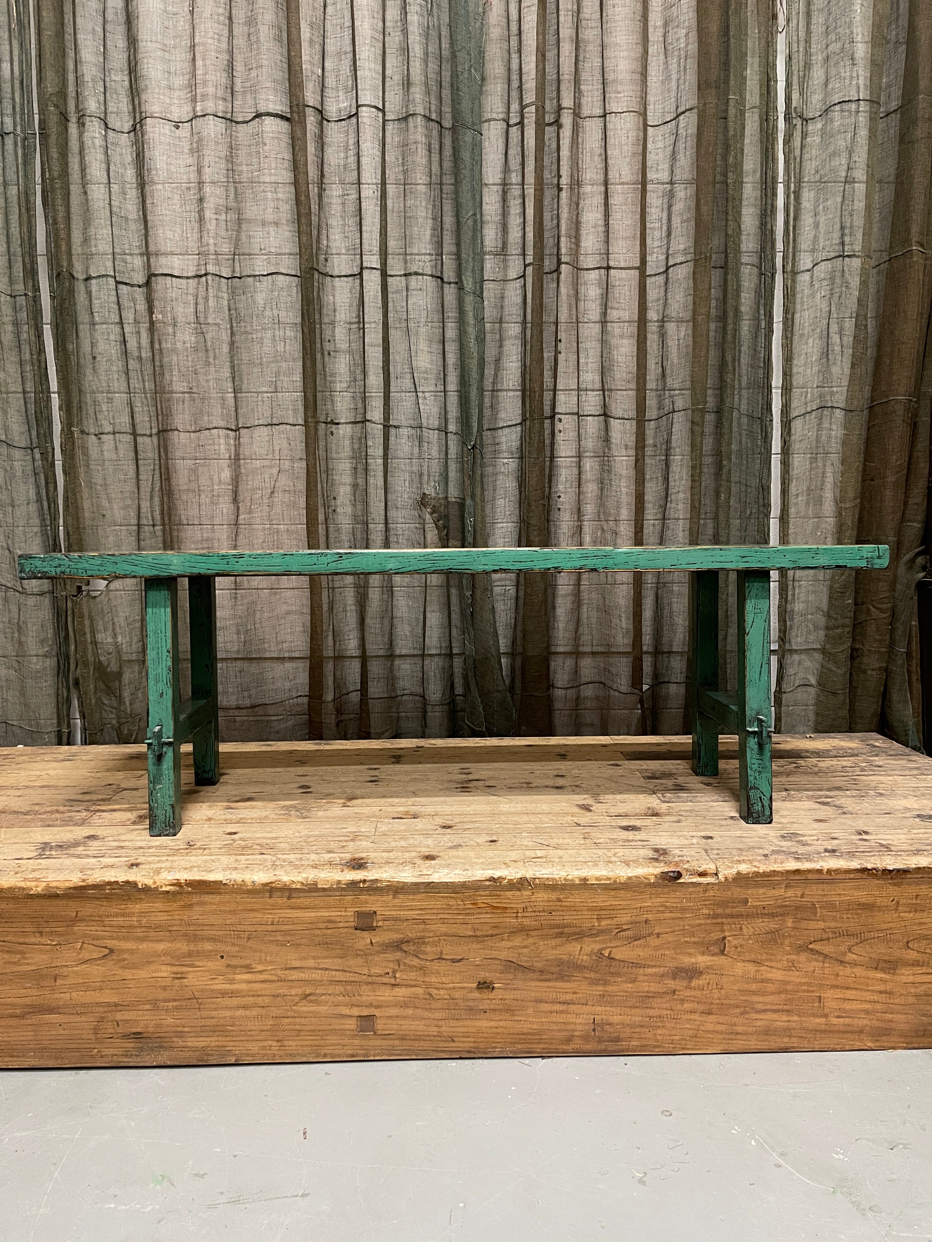 Provincial Chinese Light Green Painted Bench