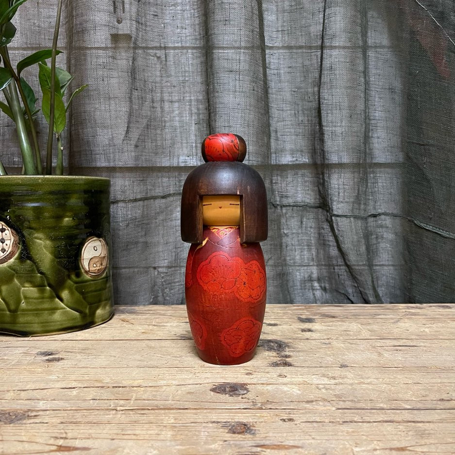 Vintage Japanese Kokeshi Doll with Red Blossom Kimono