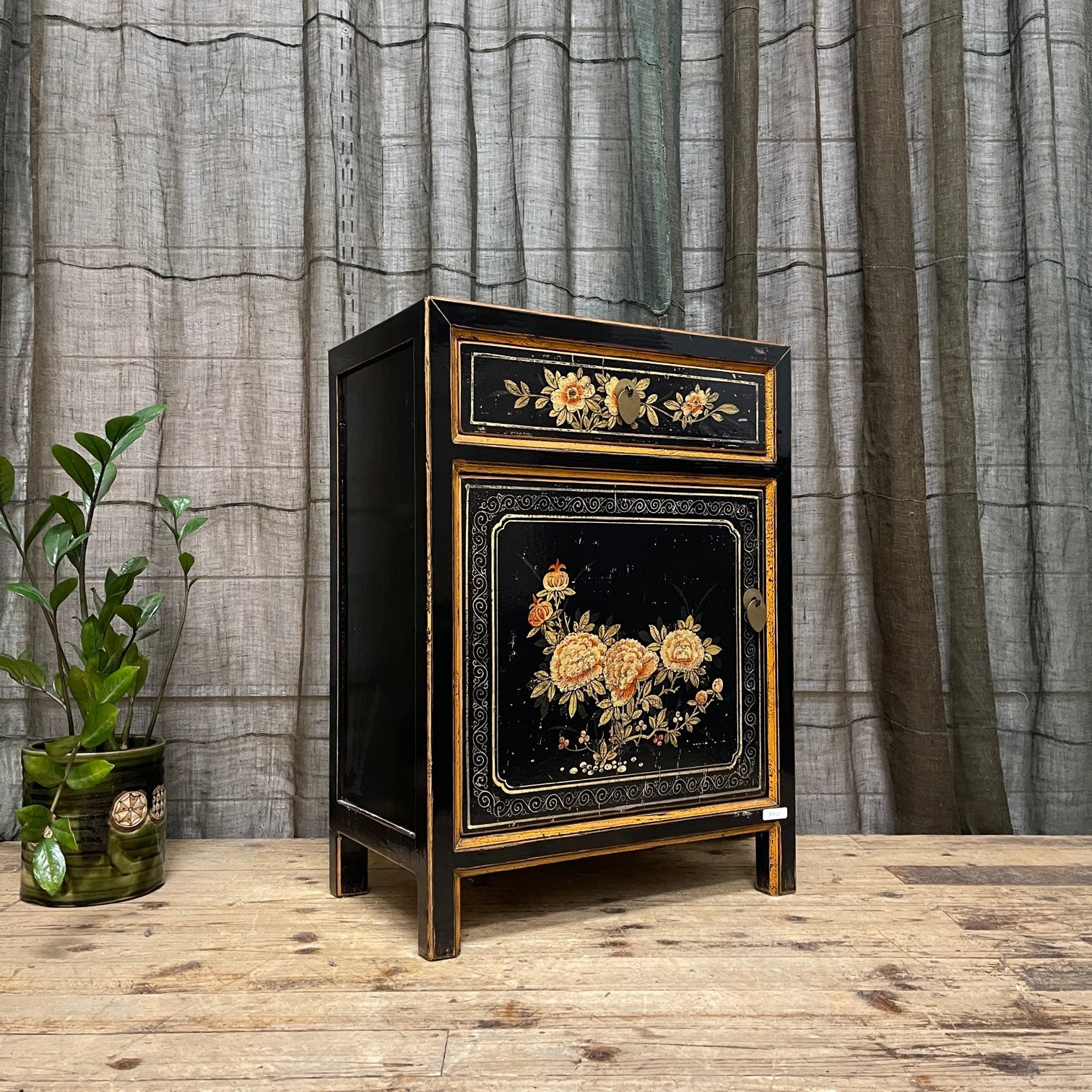 Provincial Style Chinese Black Lacquered Side Cabinet