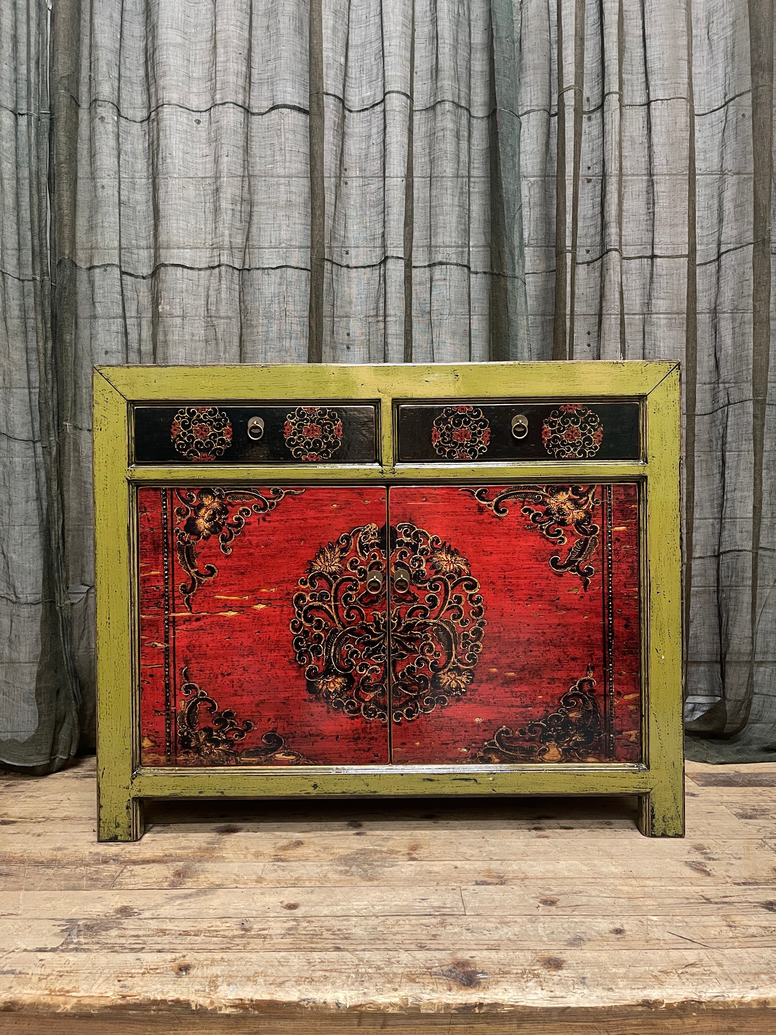 Chinese Green & Red Lacquered Cabinet, Floral Medallion