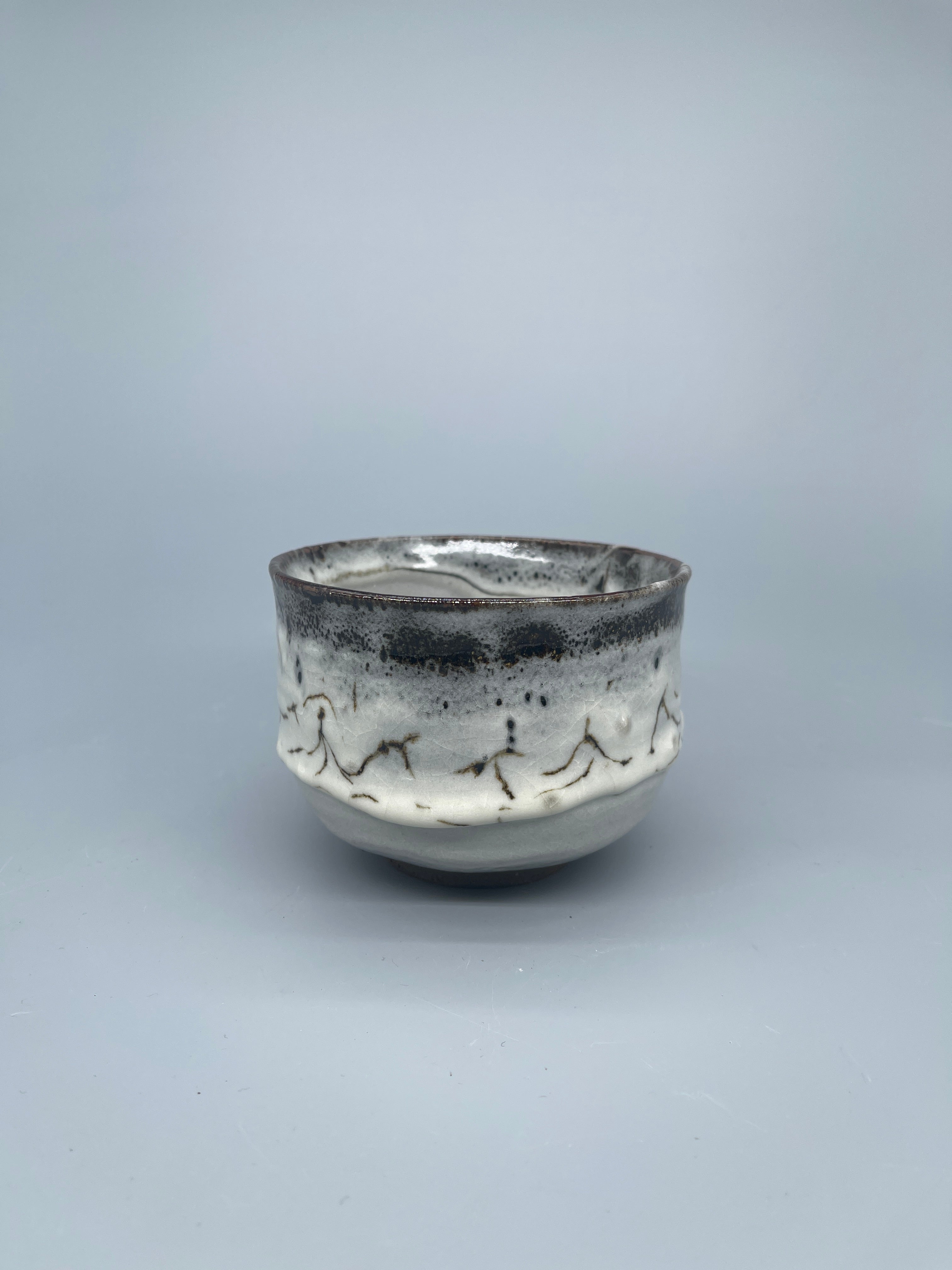 Vintage Japanese Matcha Bowl, Chawan - Blue & White Shino Glaze