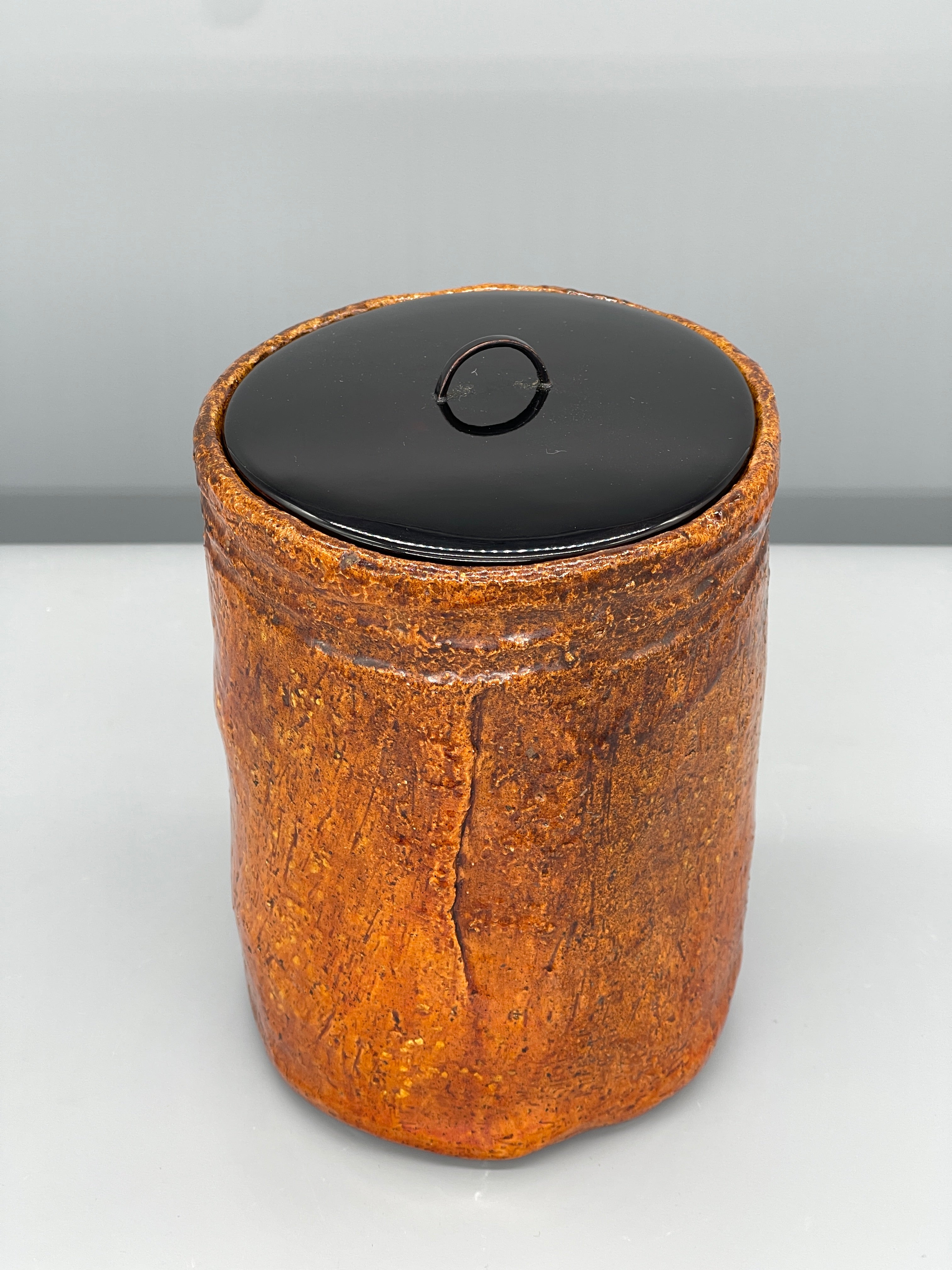 Vintage Japanese Ohi-Yaki Stoneware Lidded Jar, Orange Glaze - Mizusashi