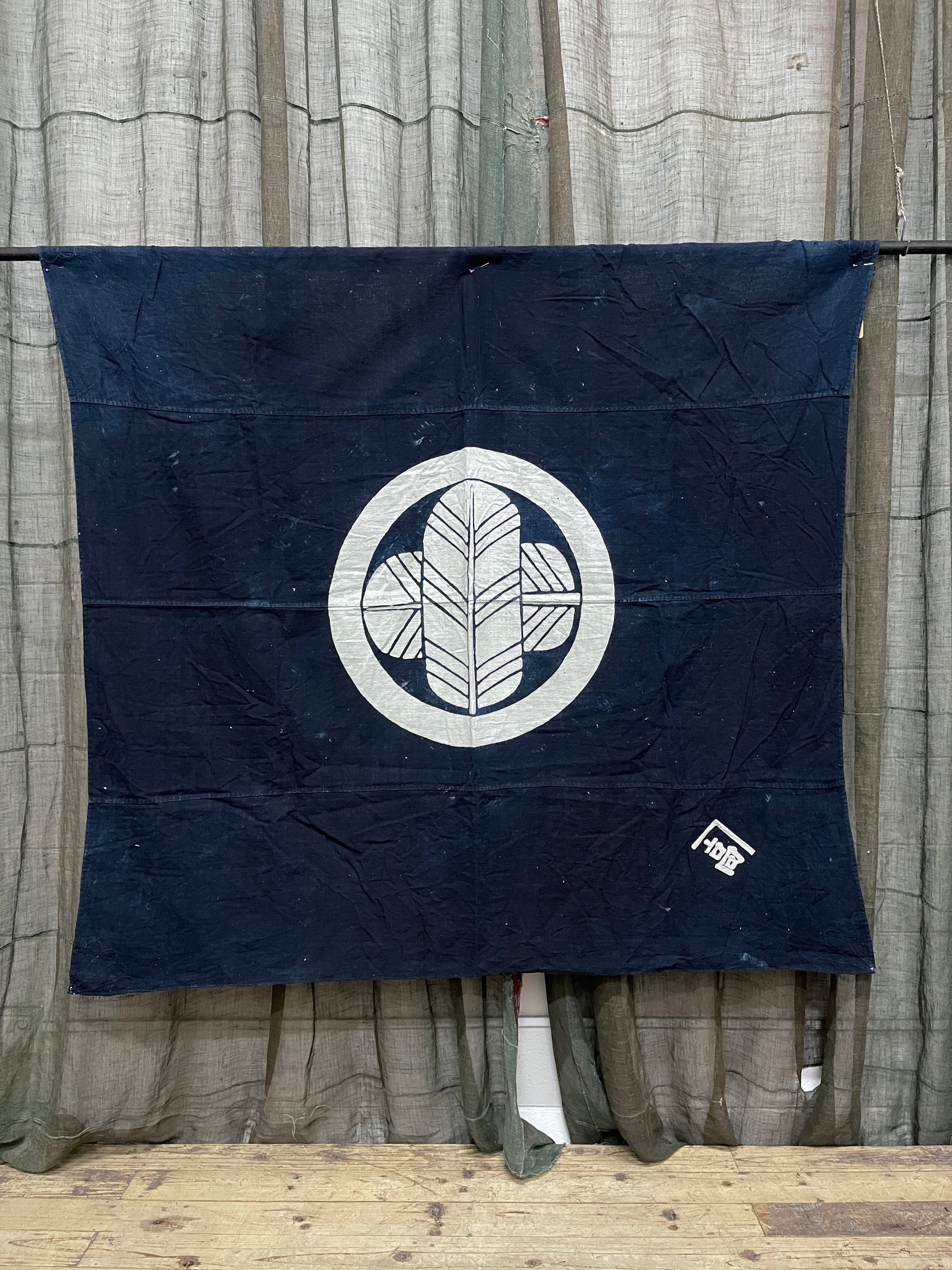 Large Vintage Japanese Indigo Cotton Furoshiki with Family Crest