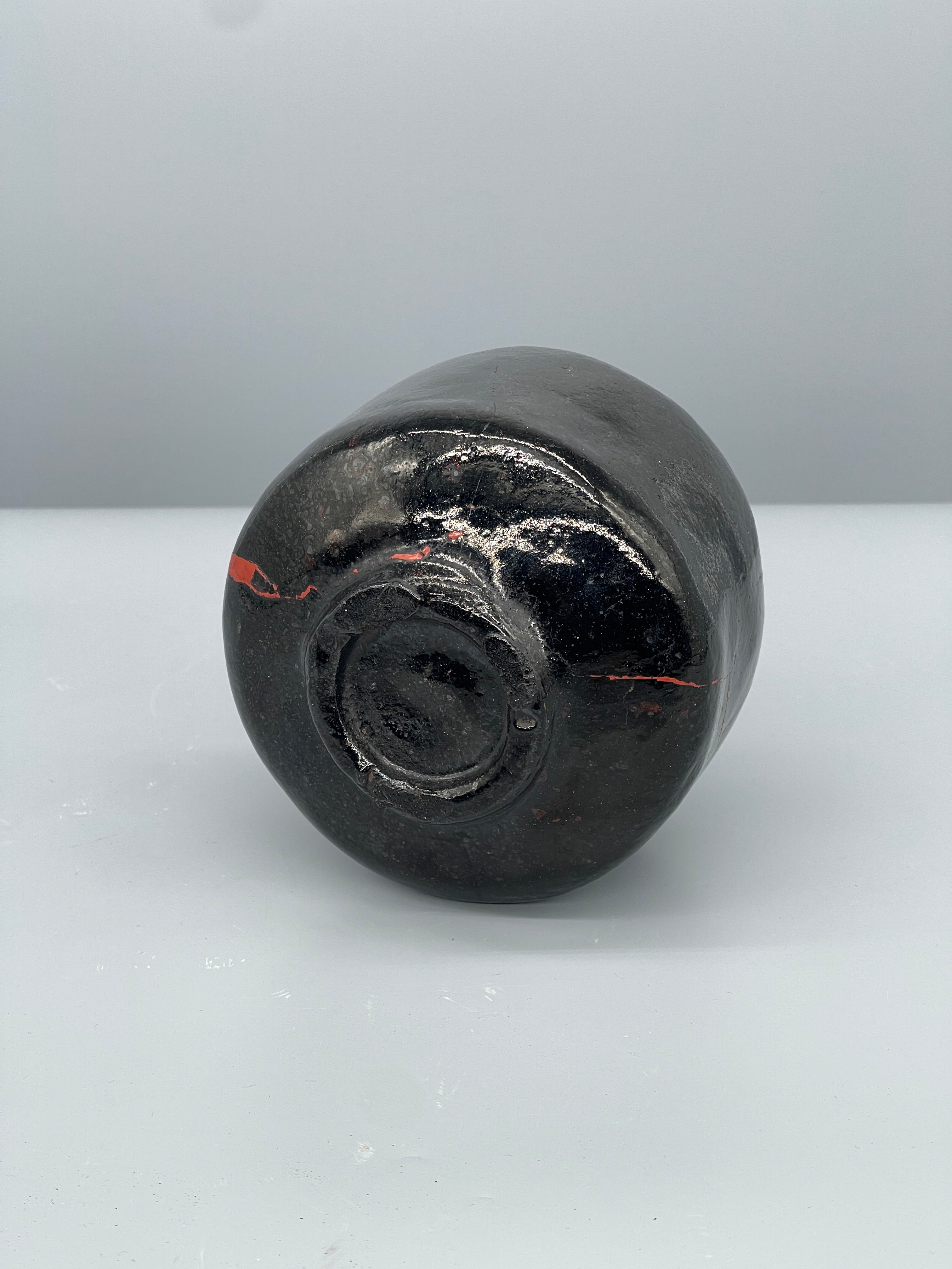 Vintage Japanese Kuro Raku Chawan, Lacquer Repair