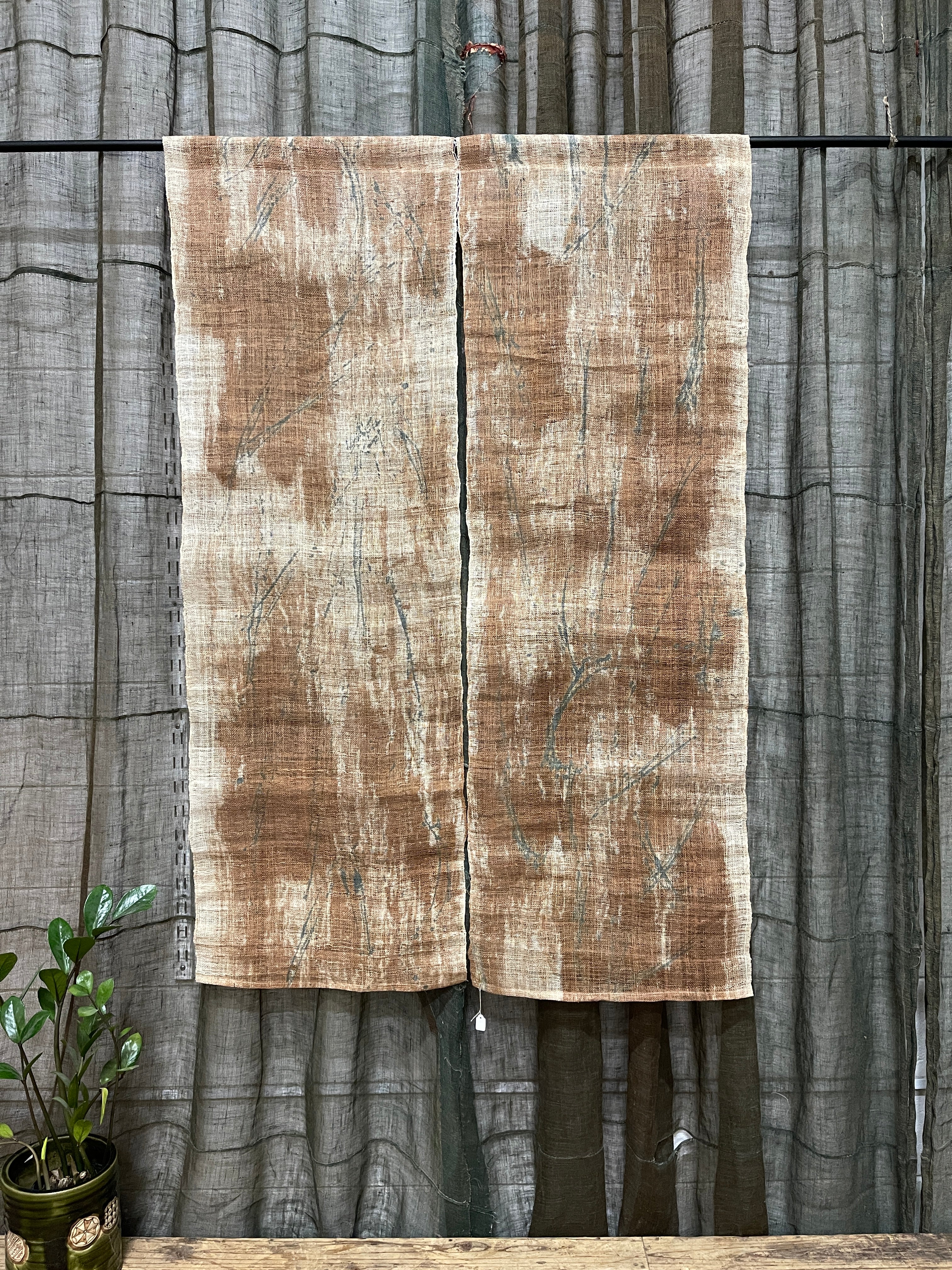 Vintage Japanese Hemp Noren, Panelled Curtain