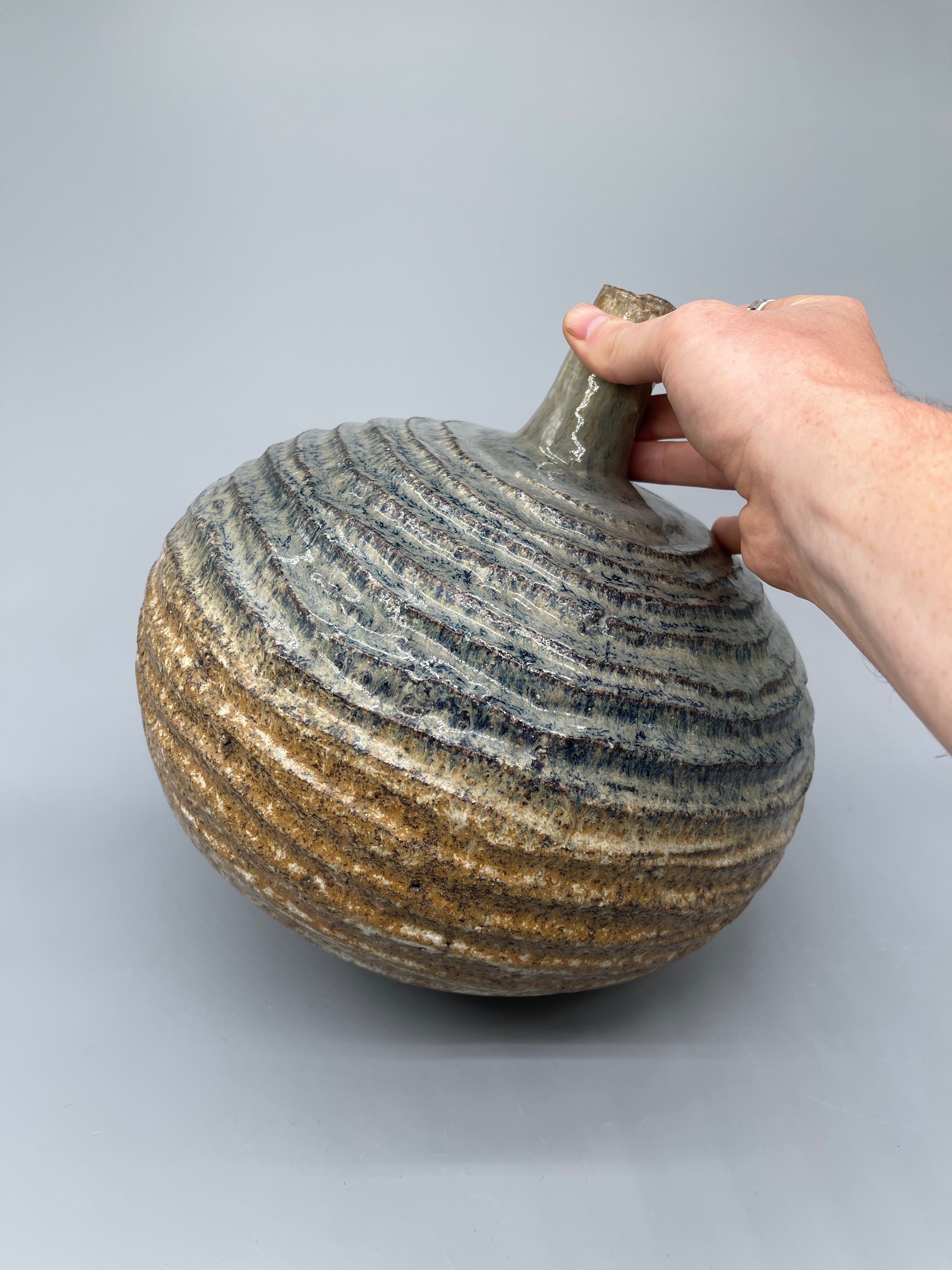 Large Vintage Japanese Ikebana Vase - Earthy Green & Blue Glaze