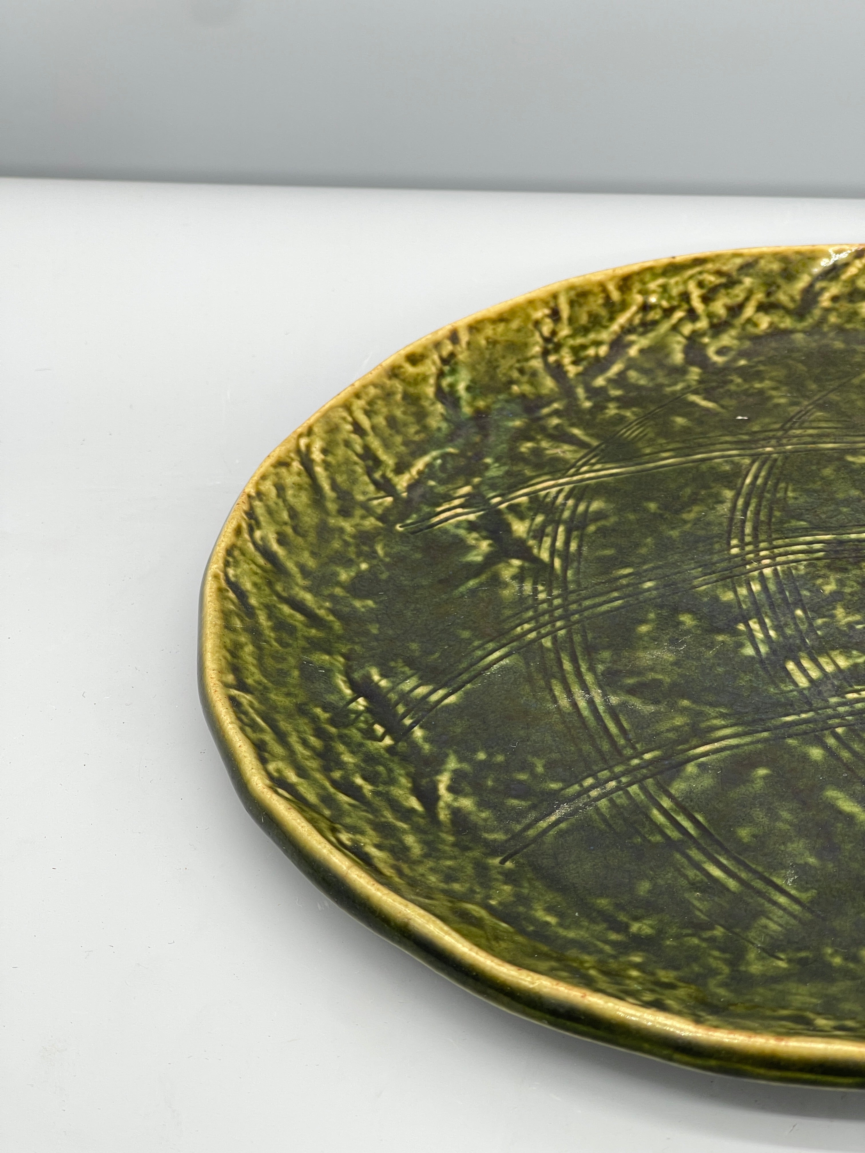 Vintage Japanese Flat Serving Plate, Oribe Green Glaze