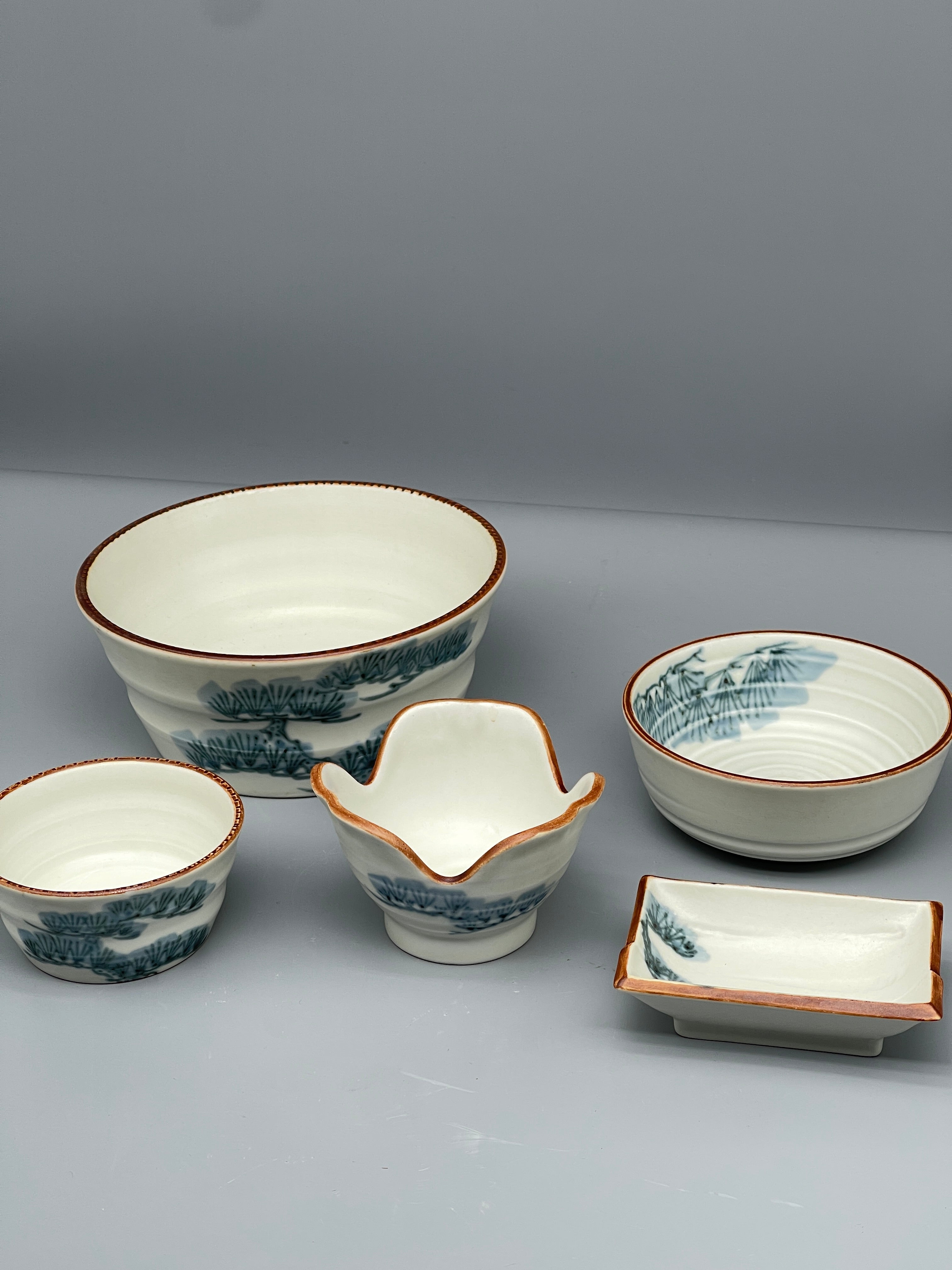 Japanese Five Piece Tableware Set, Blue & White Matsu Pine Motif