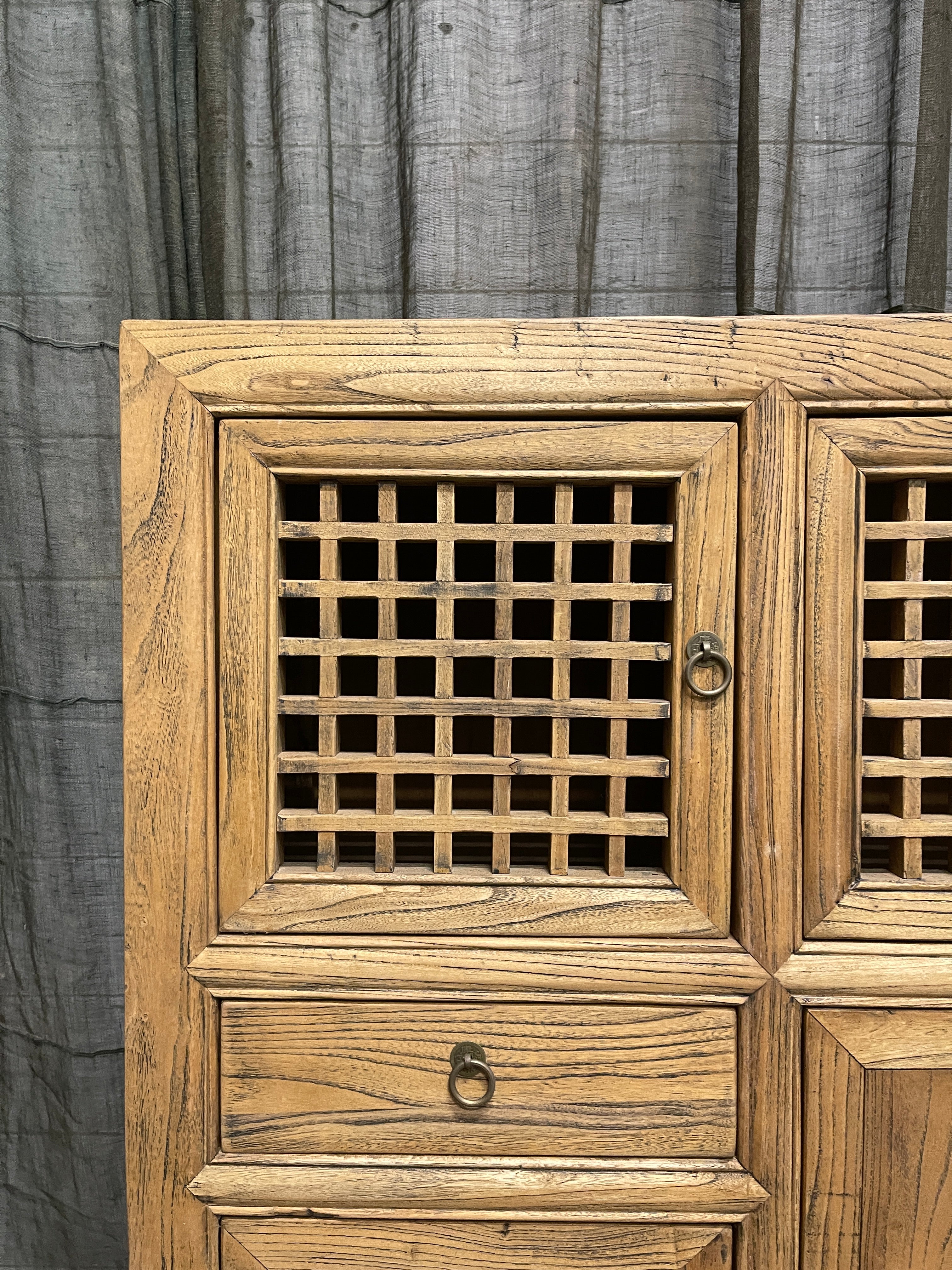Chinese Recycled Elm Kitchen Cabinet, Lattice Doors