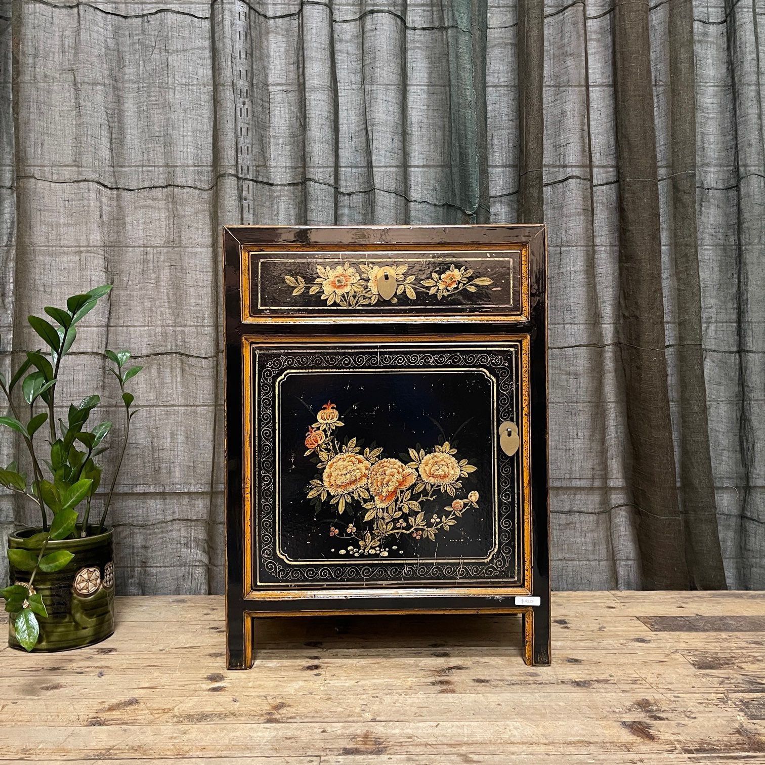 Provincial Style Chinese Black Lacquered Side Cabinet