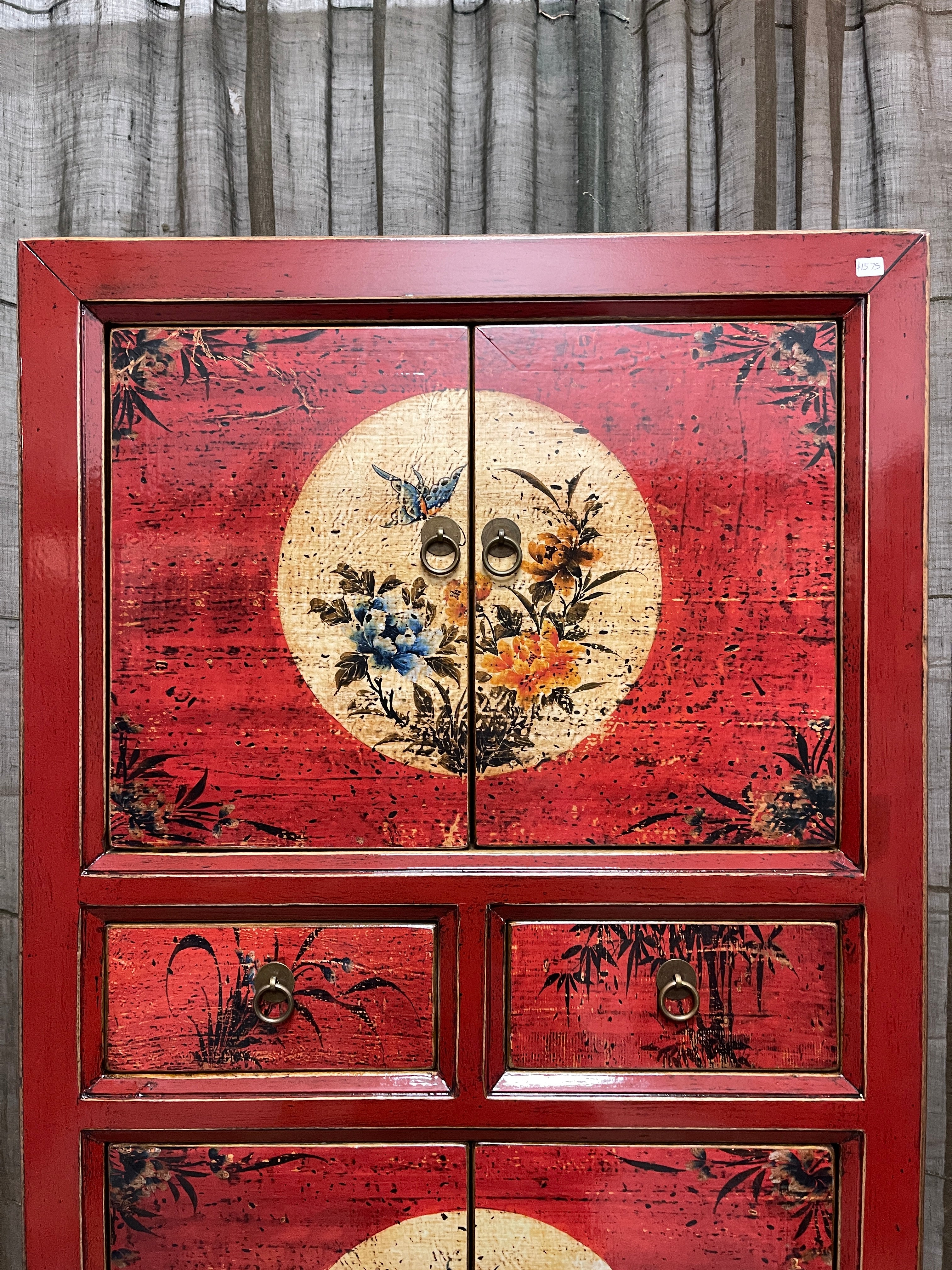 Chinese Red Lacquered Storage Cabinet, Floral Medallion